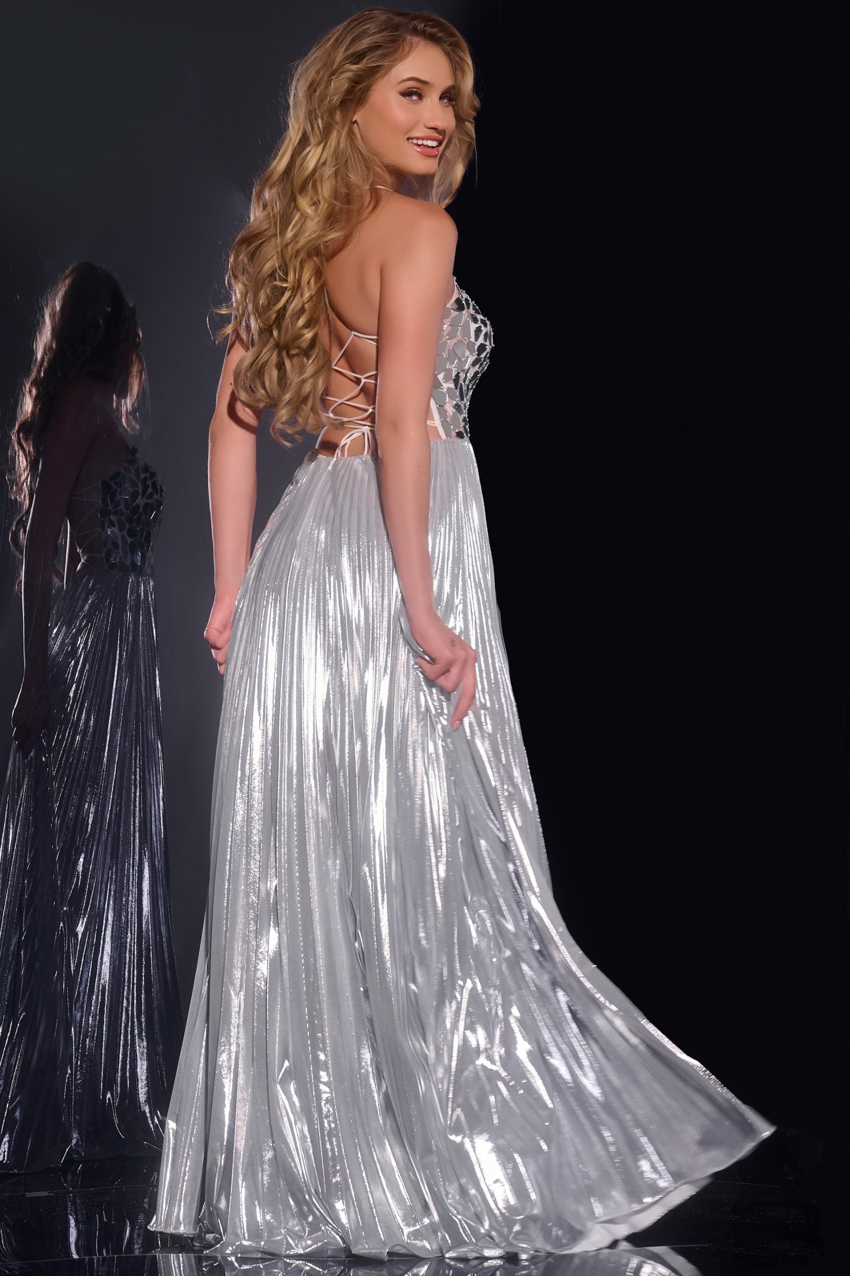 Jovani -41117 Shimmering Silver Prom Dress with Metallic Pleated Skirt