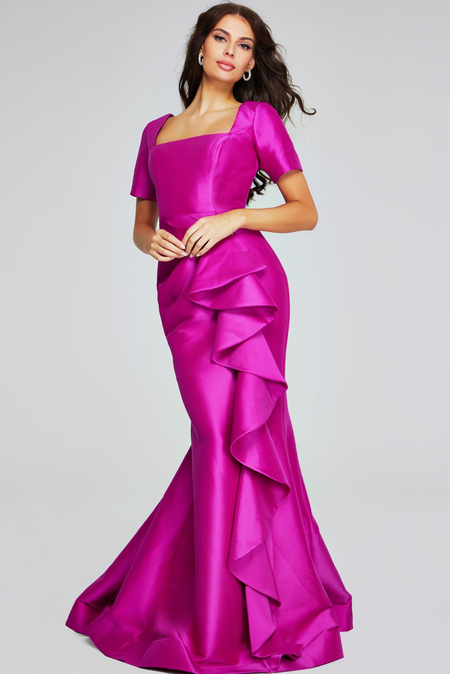 Jovani -41128 Vibrant Orchid Evening Gown with Square Neckline and Ruffle Detail