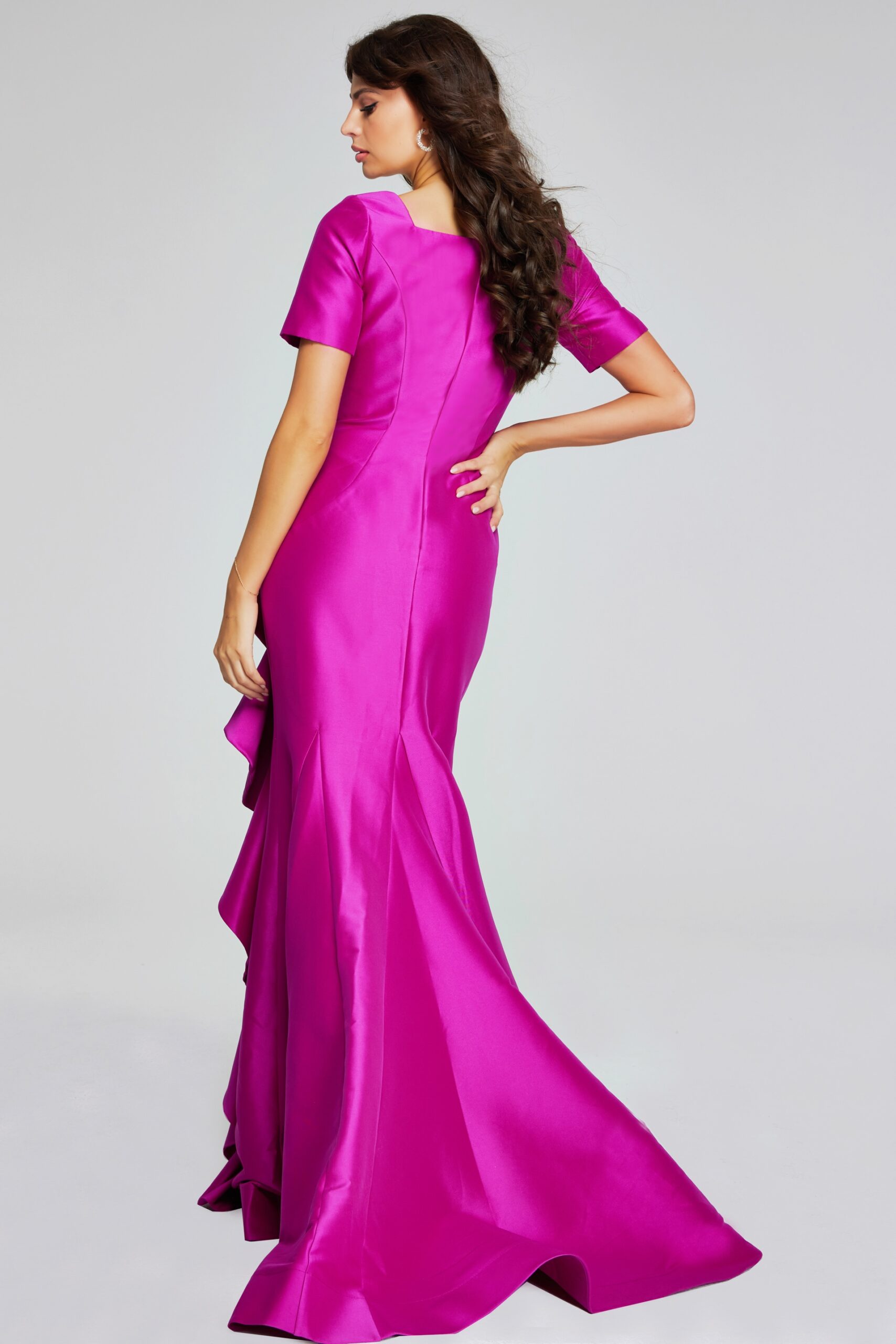 Jovani -41128 Vibrant Orchid Evening Gown with Square Neckline and Ruffle Detail