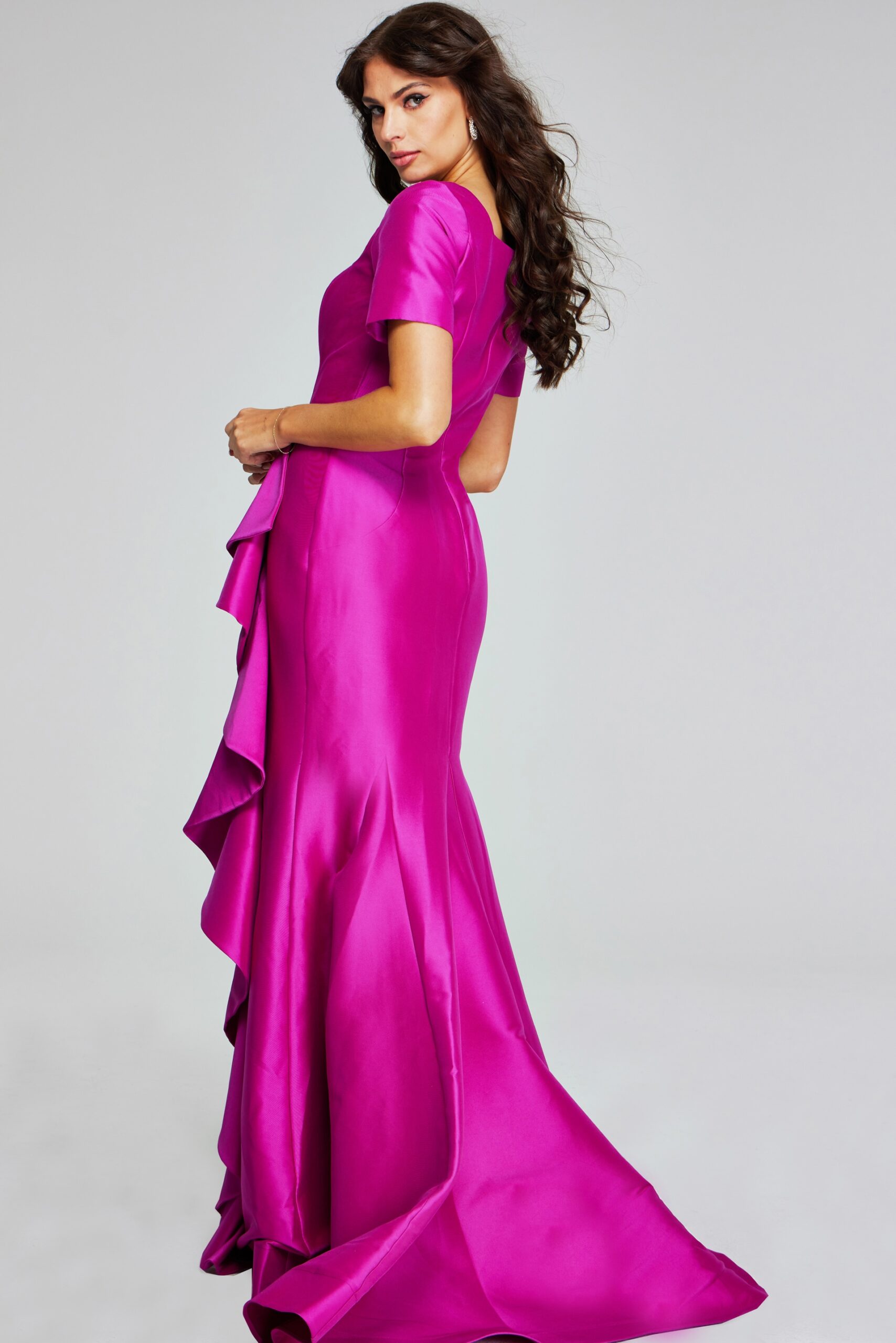 Jovani -41128 Vibrant Orchid Evening Gown with Square Neckline and Ruffle Detail