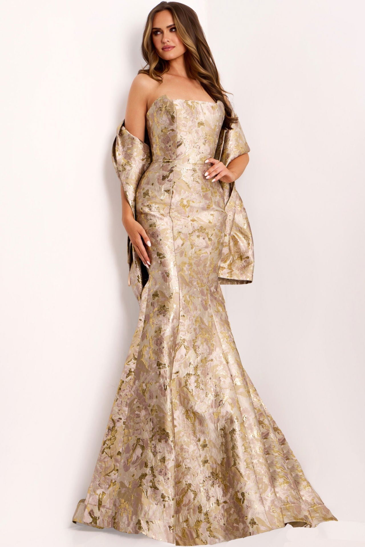 Jovani -41131 Metallic Floral Strapless Mermaid Gown