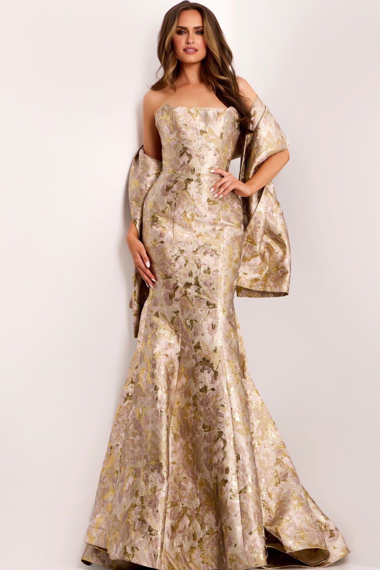 Jovani -41131 Metallic Floral Strapless Mermaid Gown