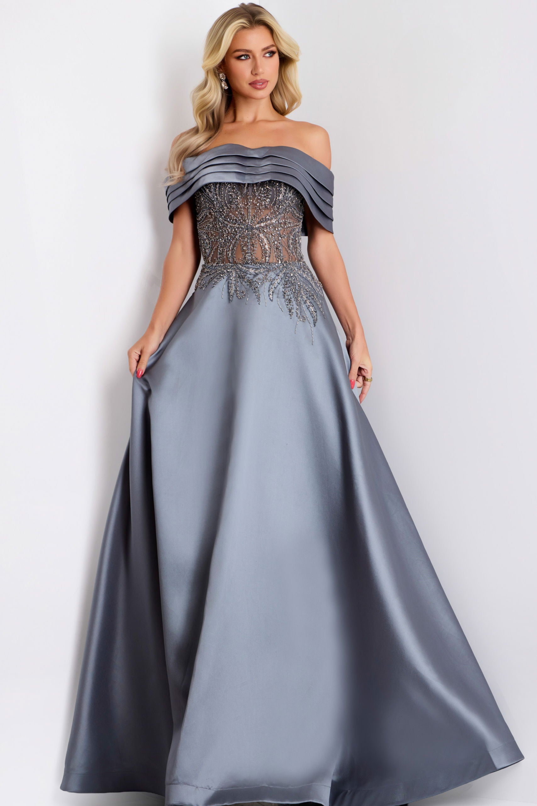 Jovani -41198 Beaded Off Shoulder A-Line Gown