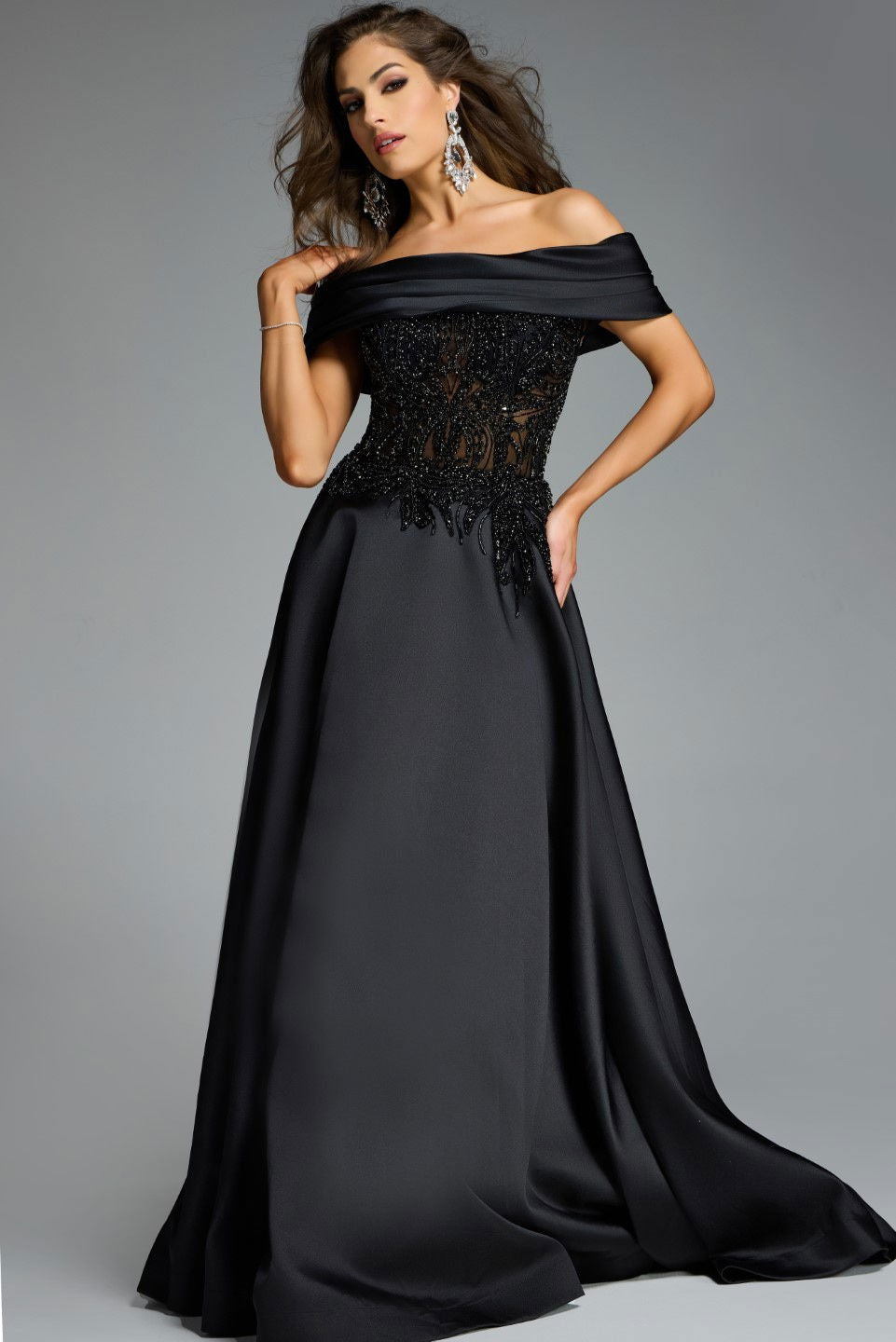 Jovani -41198 Beaded Off Shoulder A-Line Gown