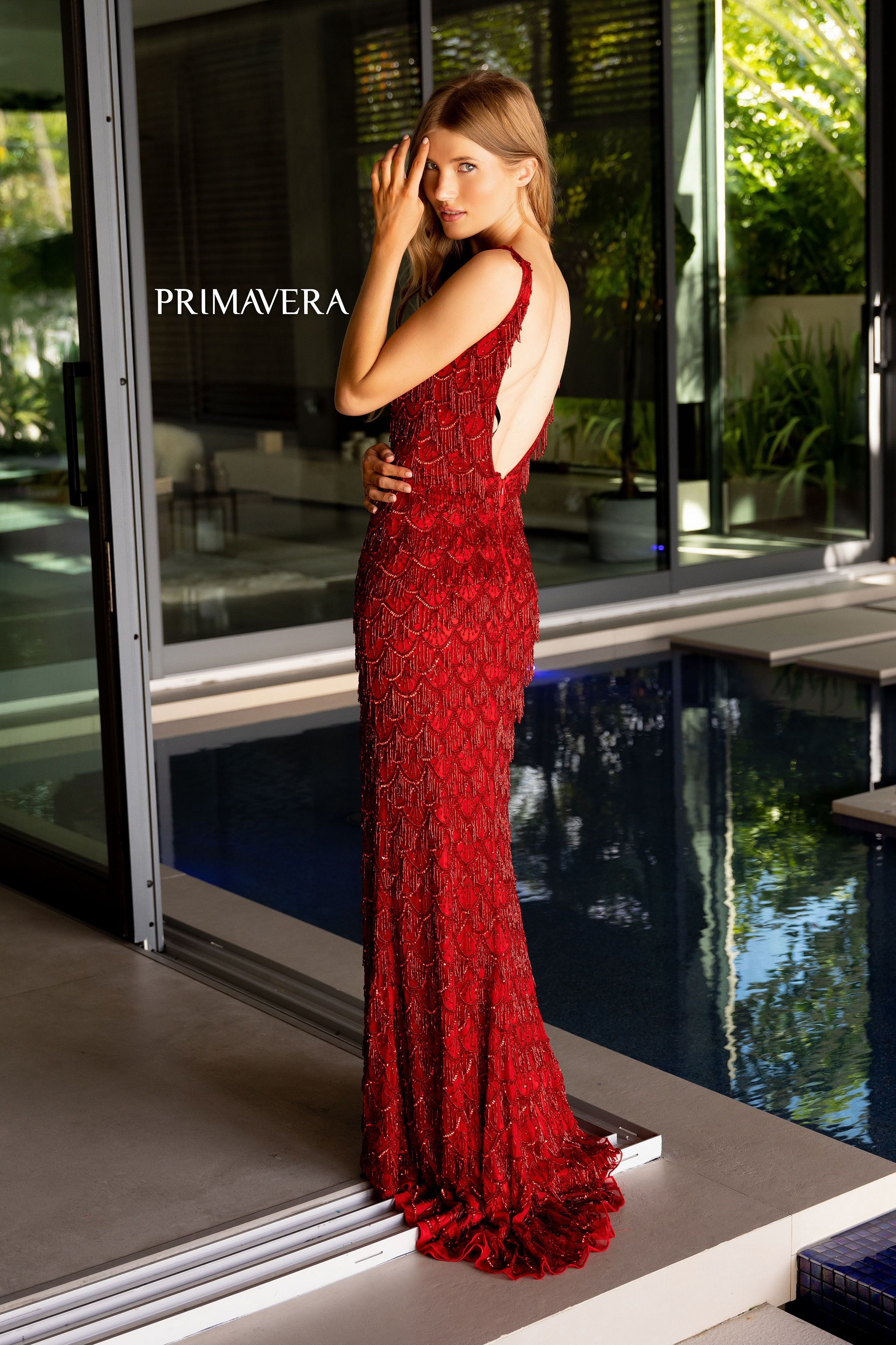 Primavera Couture -4129 V-Neck Fringes Sequin Prom Dress