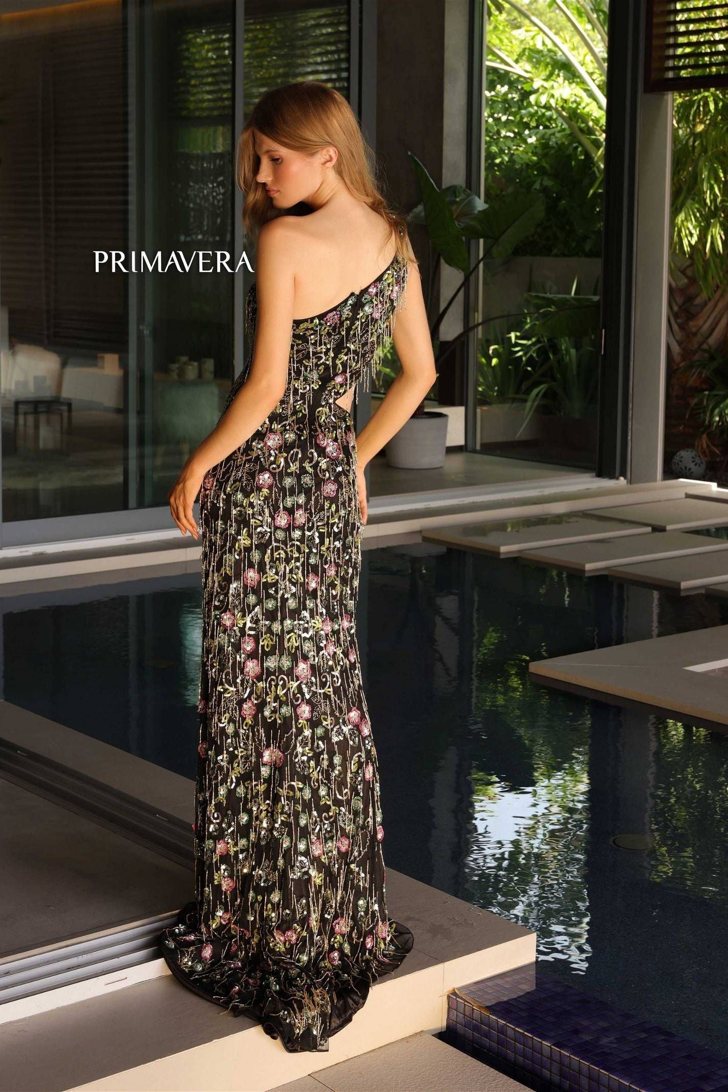 Primavera Couture -4131 One Shoulder Beaded Floral Fringe Prom Dress