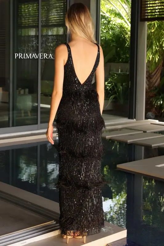 Primavera Couture -4132 V-Neck Sequin Embellished Feather Dress