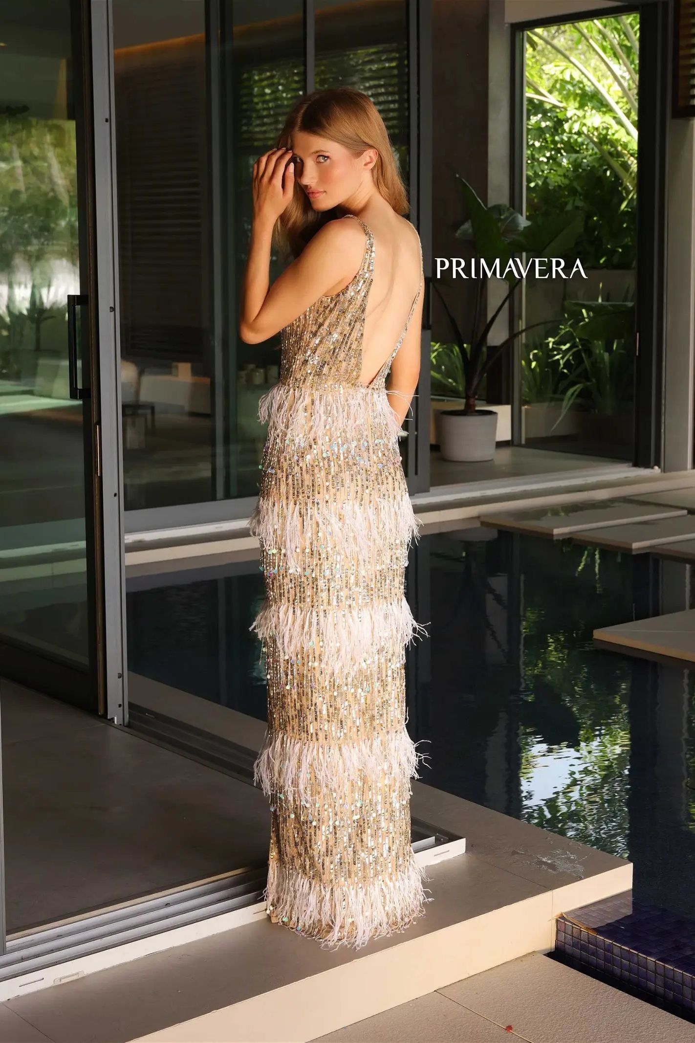 Primavera Couture -4132 V-Neck Sequin Embellished Feather Dress