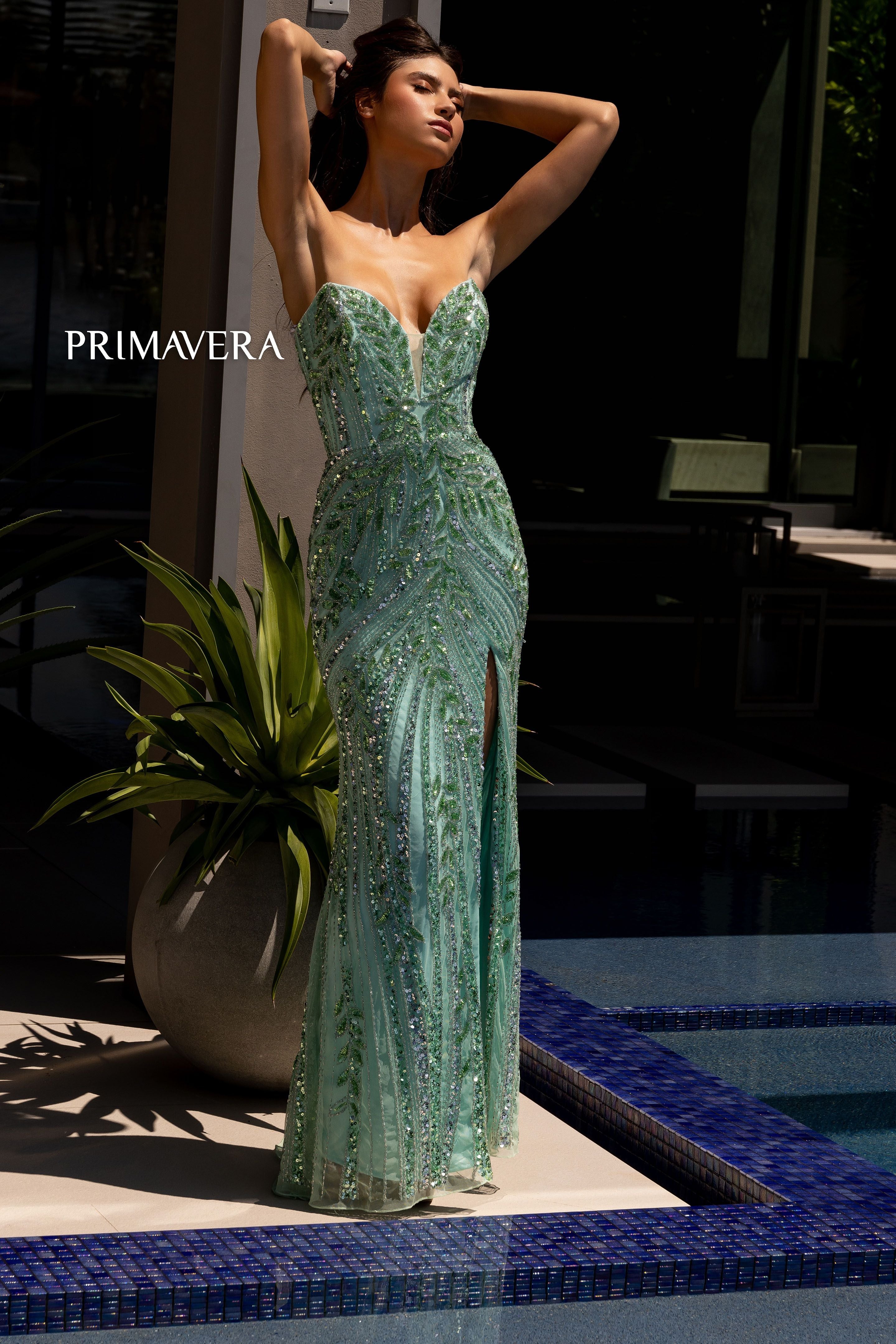 Primavera Couture -4134 Strapless Sequin Sheath Prom Dress