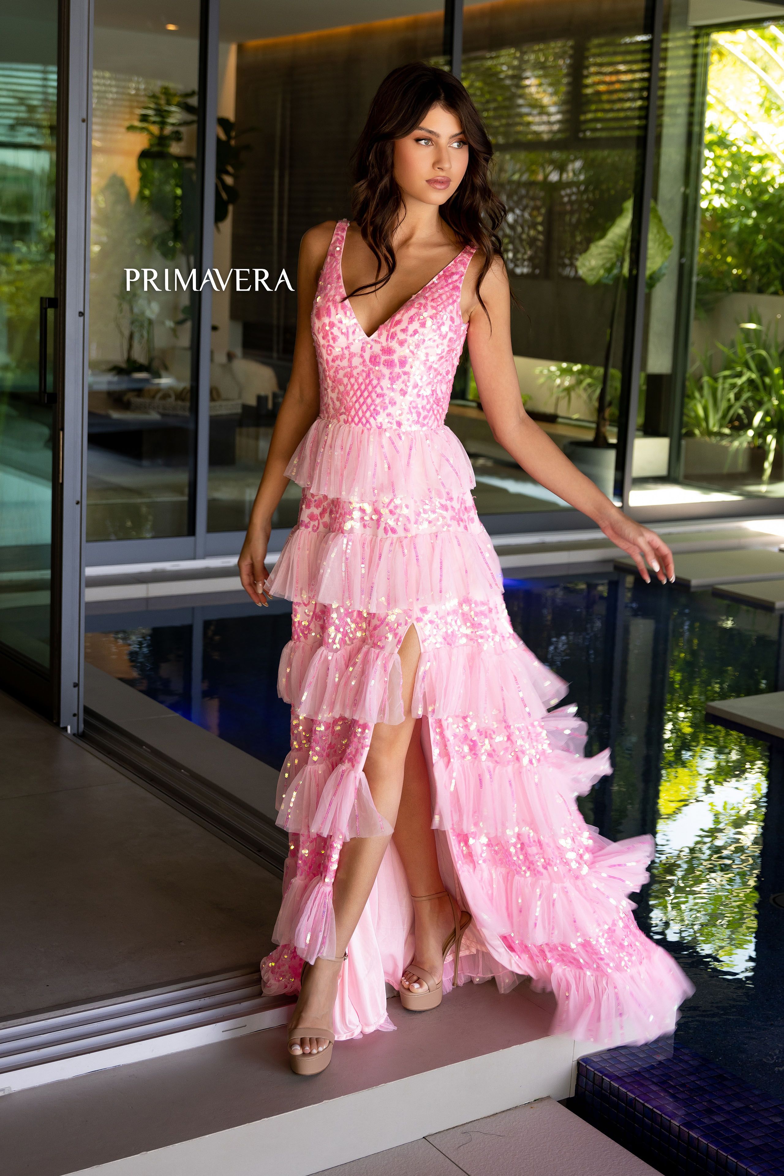 Primavera Couture -4142 Embellished Ruffled Prom Dress