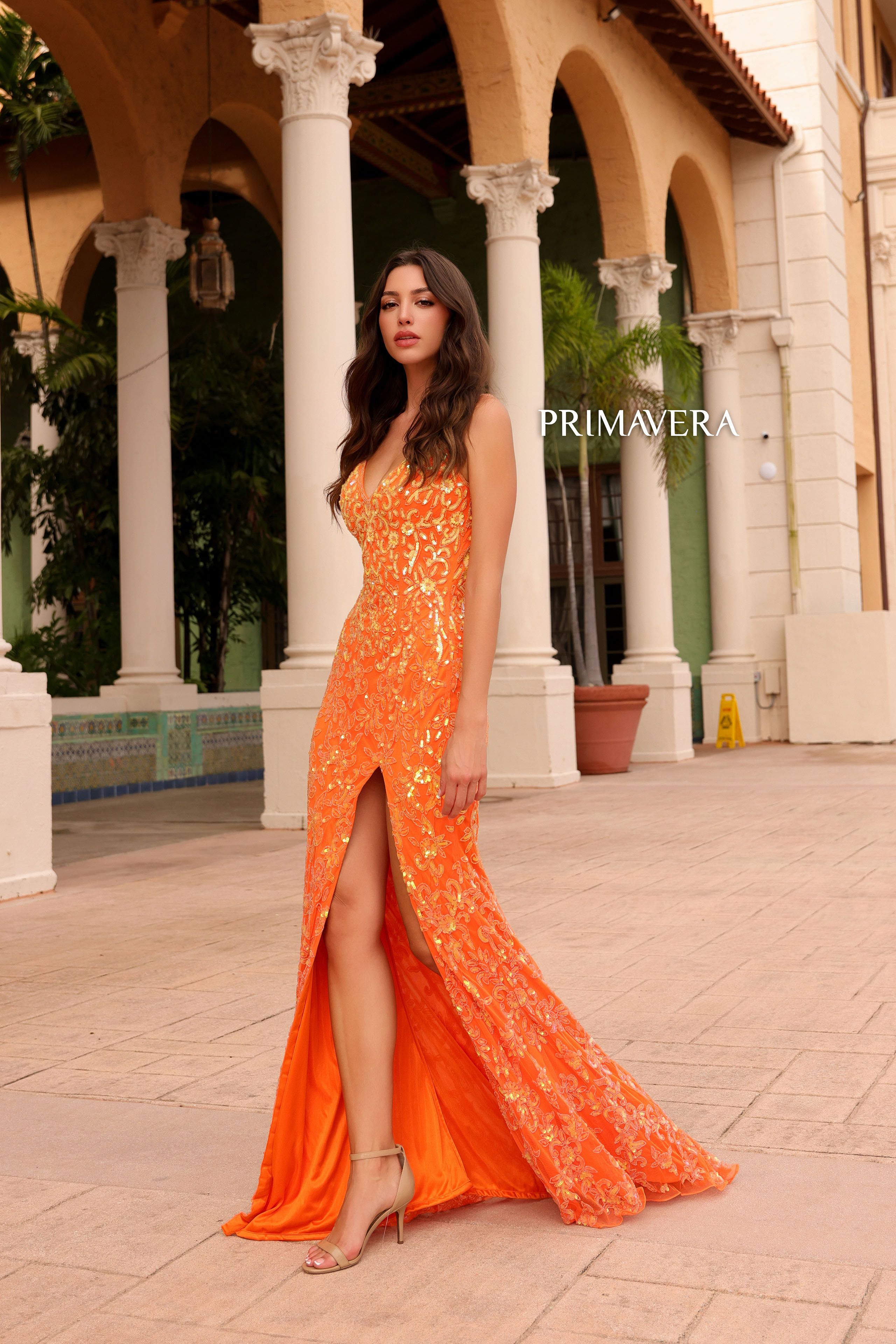 Primavera Couture -4150 V-Neck Sequined Prom Dress
