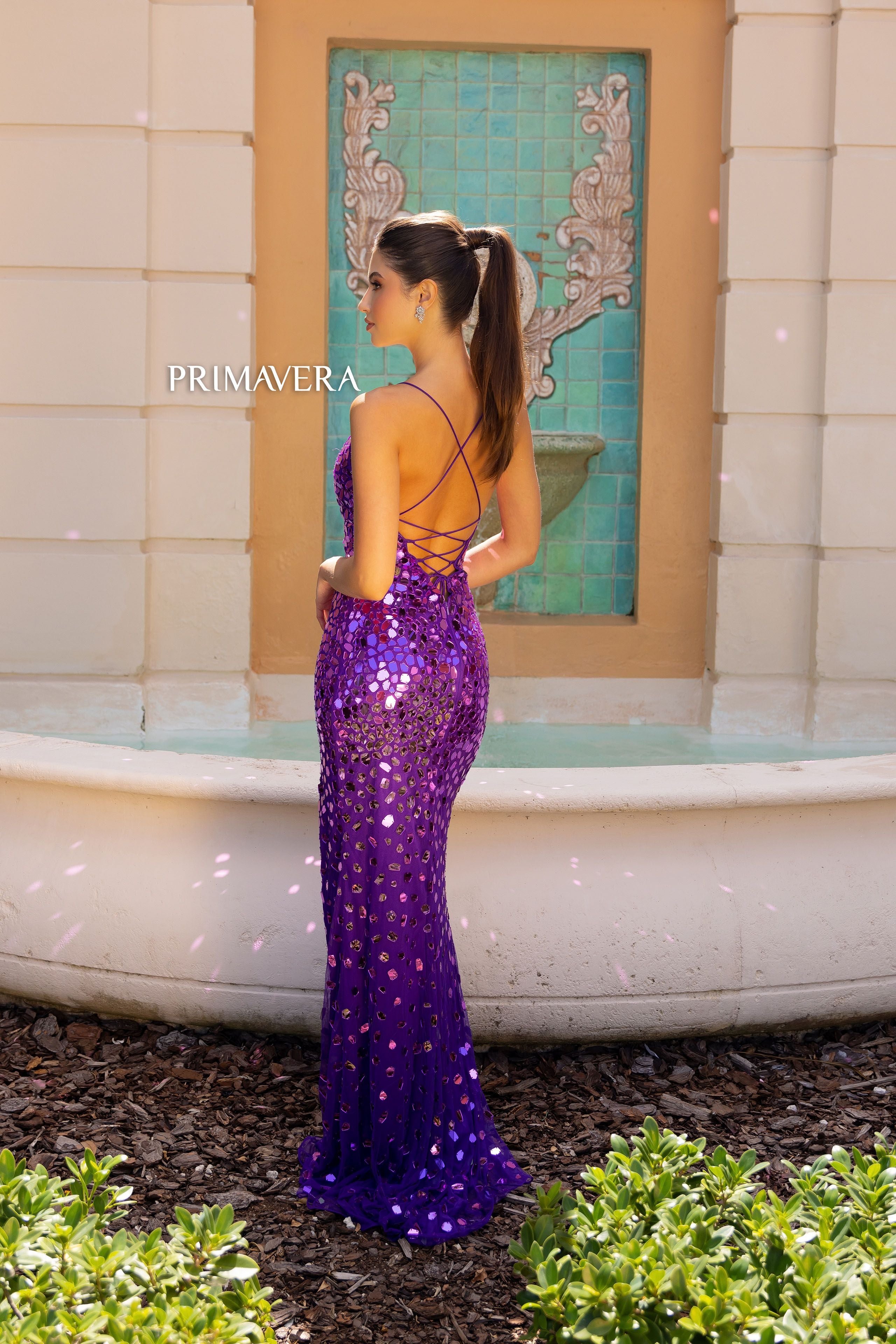 Primavera Couture -4151 Cut Glass Beads V-Neck Prom Dress