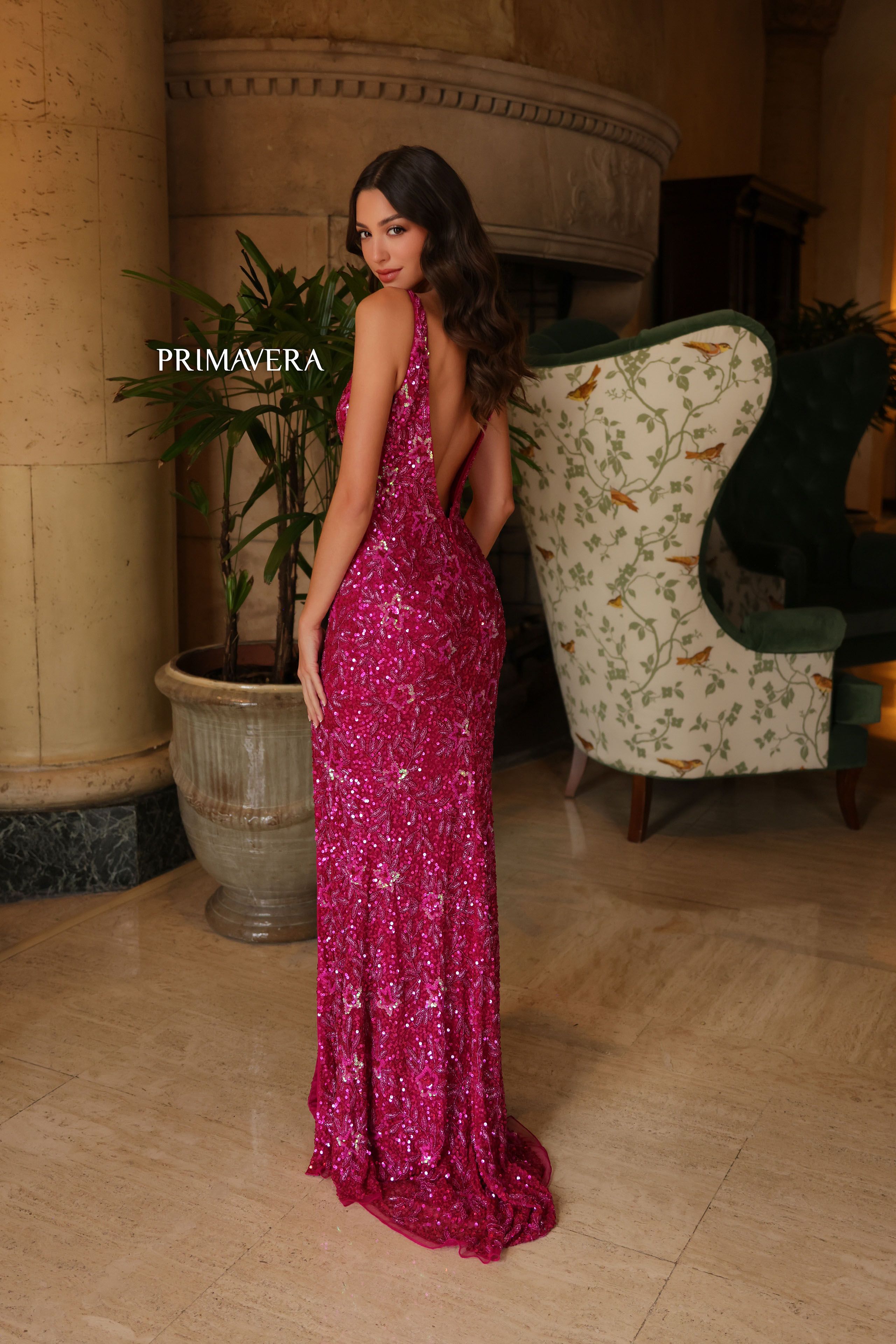 Primavera Couture -4153 Sequin Embellished V-Neck Sheath Dress