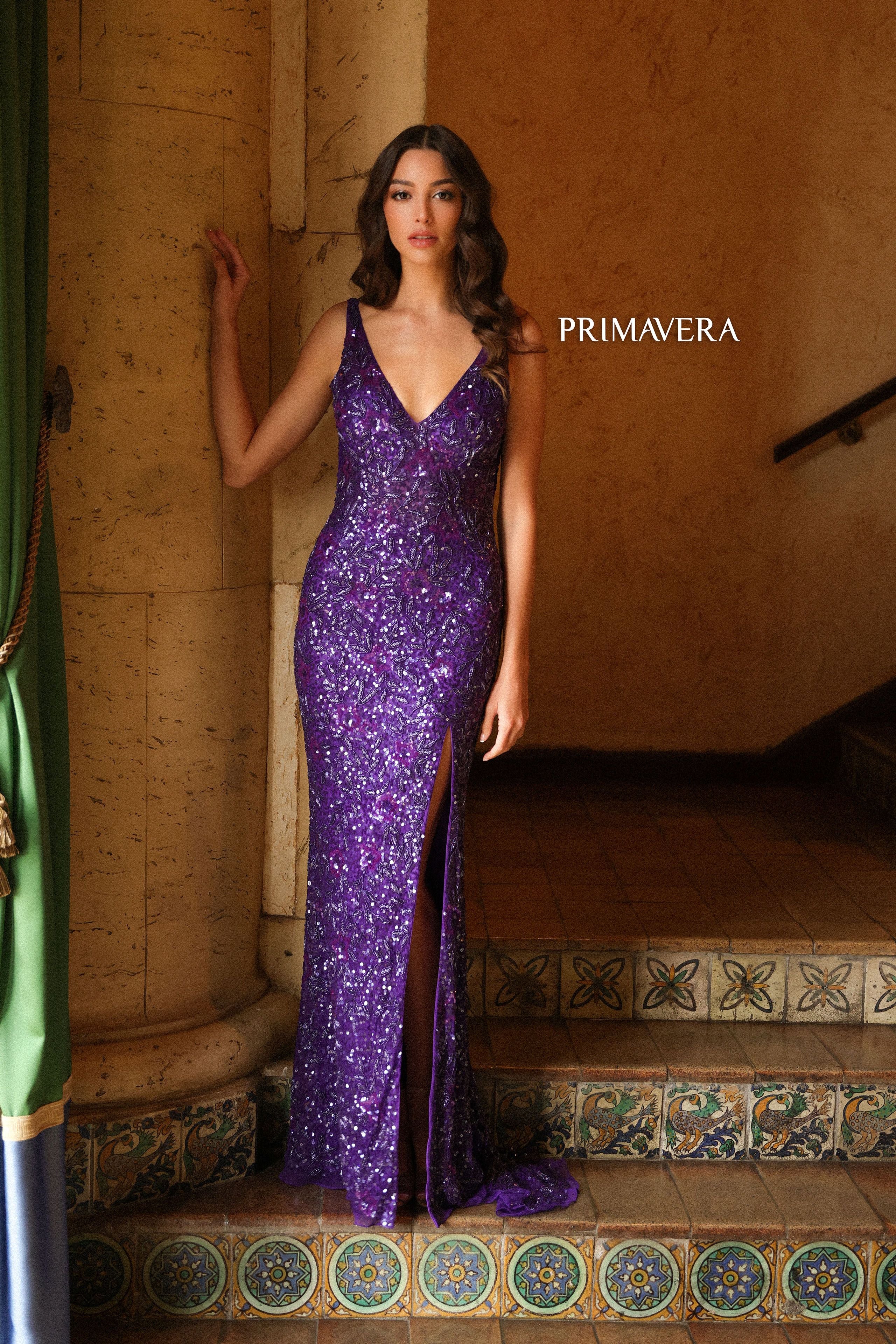 Primavera Couture -4153 Sequin Embellished V-Neck Sheath Dress