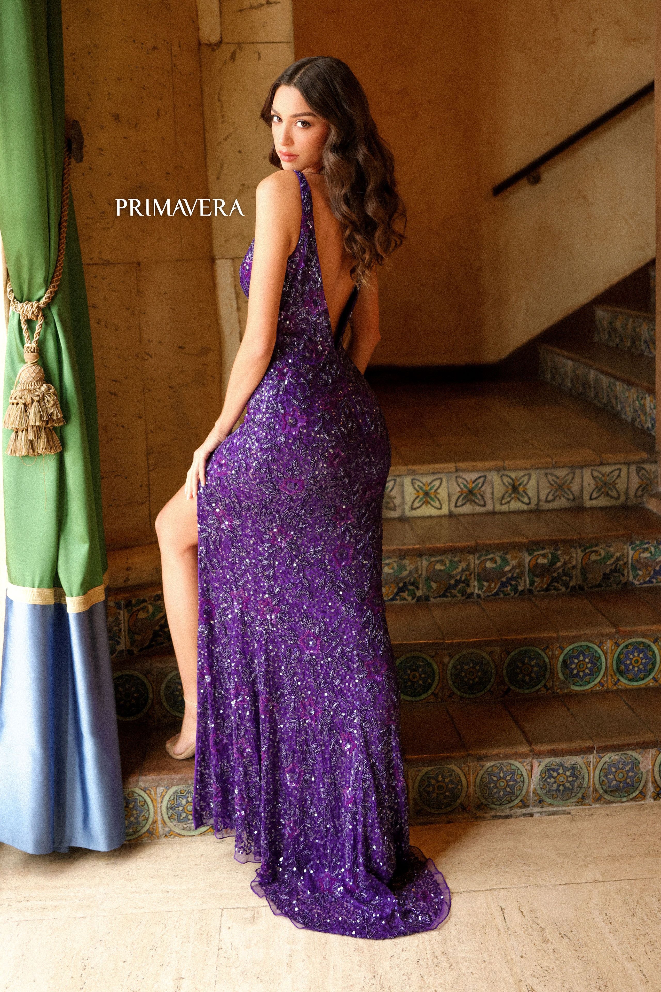 Primavera Couture -4153 Sequin Embellished V-Neck Sheath Dress