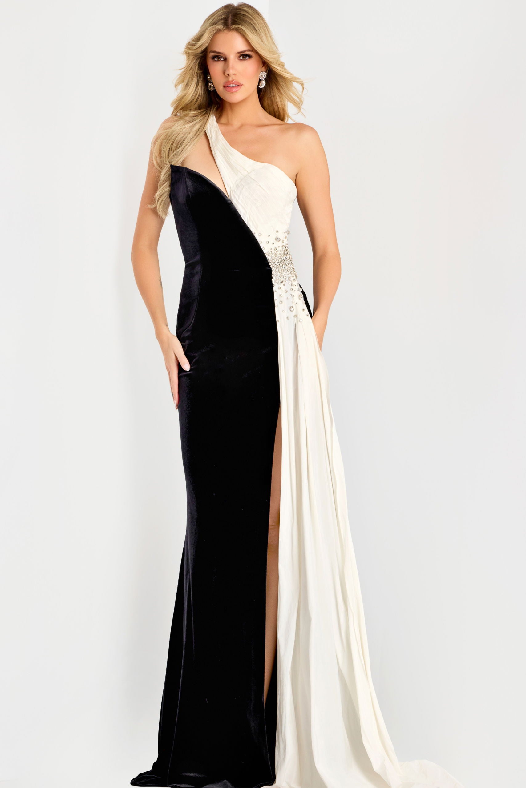 Jovani -42140 Beaded One Shoulder Velvet Gown