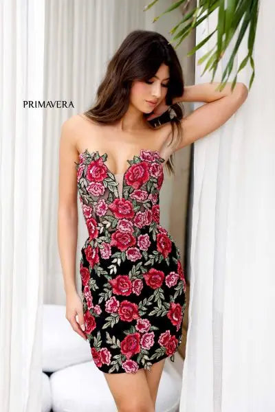 Primavera Couture -4215 Floral Embellished Short Cocktail Dress