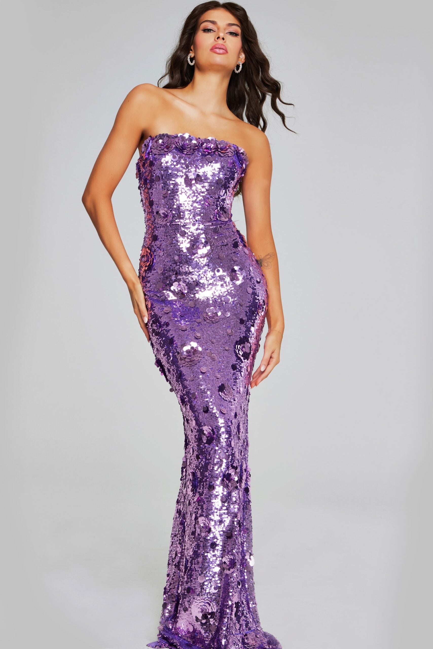 Jovani -42154 Dazzling Lilac Sequin Strapless Prom Gown with Floral Accents