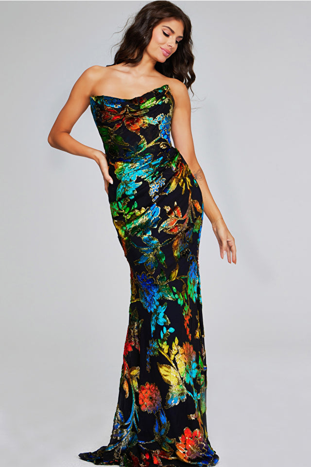 Jovani -42164 Strapless Floral Multi Color Dress