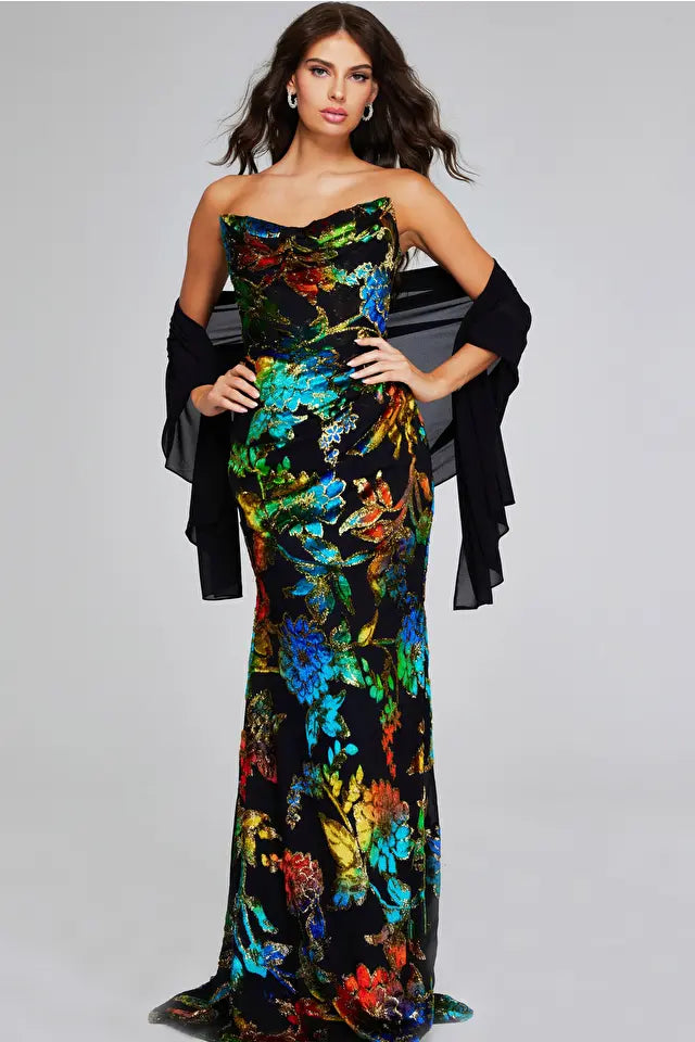 Jovani -42164 Strapless Floral Multi Color Dress