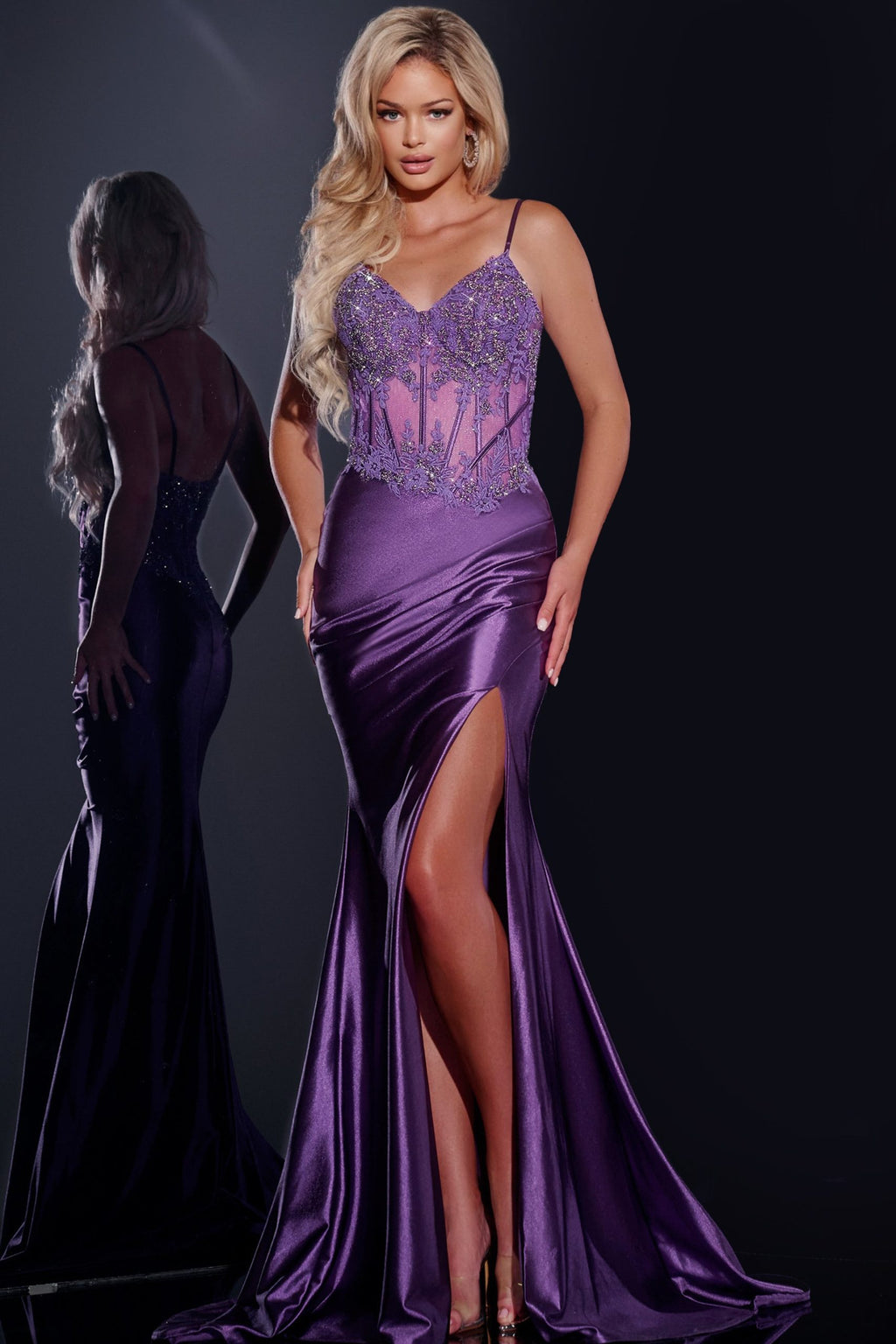 Jovani -42259 Fitted Satin Prom Gown with Beaded Bodice and High Slit 14 / PURPLE