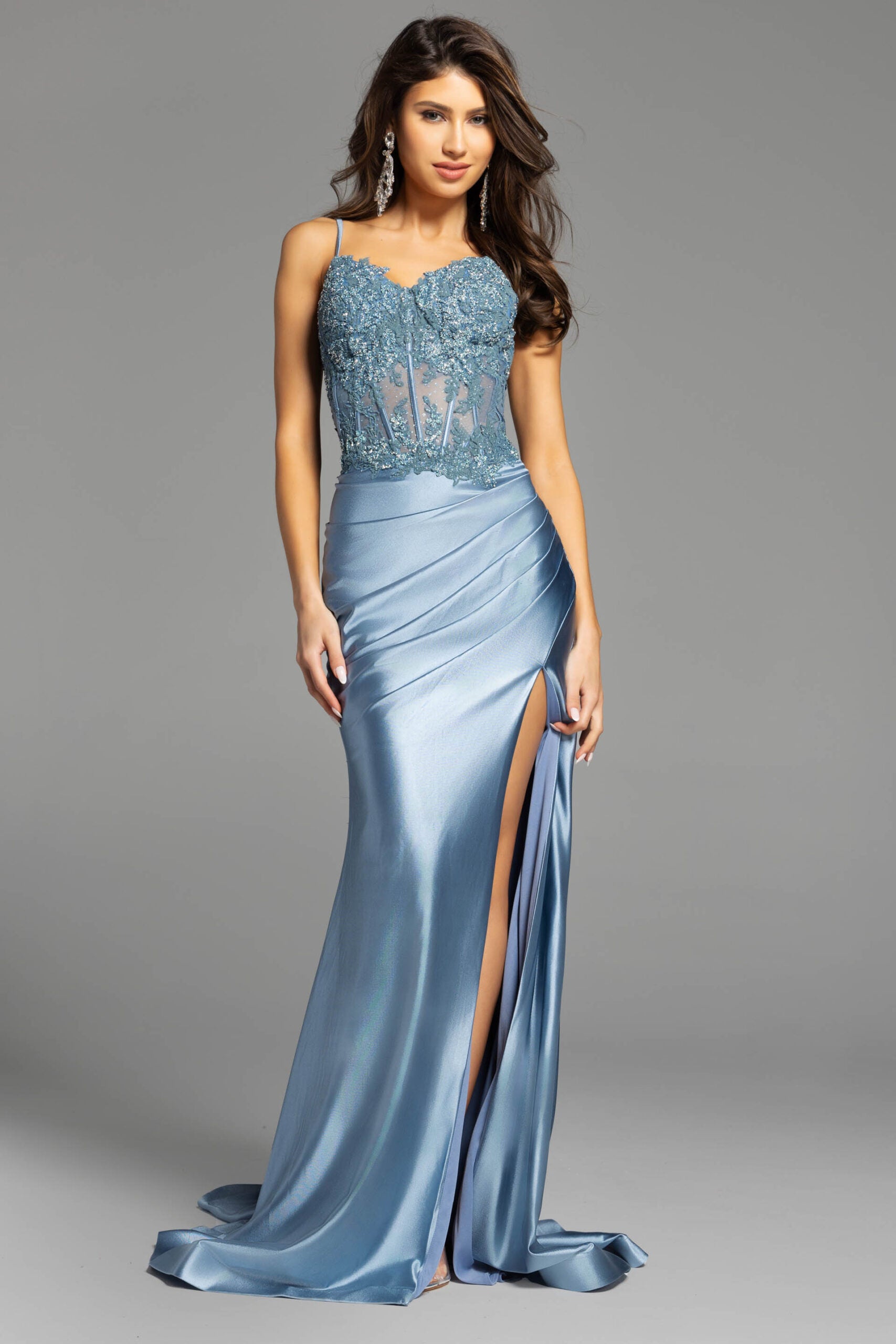 Jovani -42259 Fitted Satin Prom Gown with Beaded Bodice and High Slit