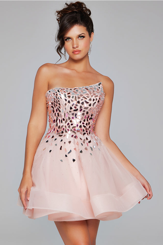 Jovani -42282 Glass Cut Embellished Short Cocktail Dress