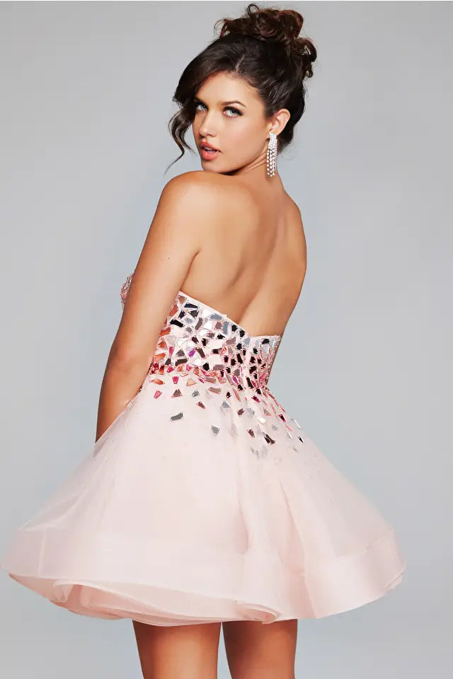 Jovani -42282 Glass Cut Embellished Short Cocktail Dress