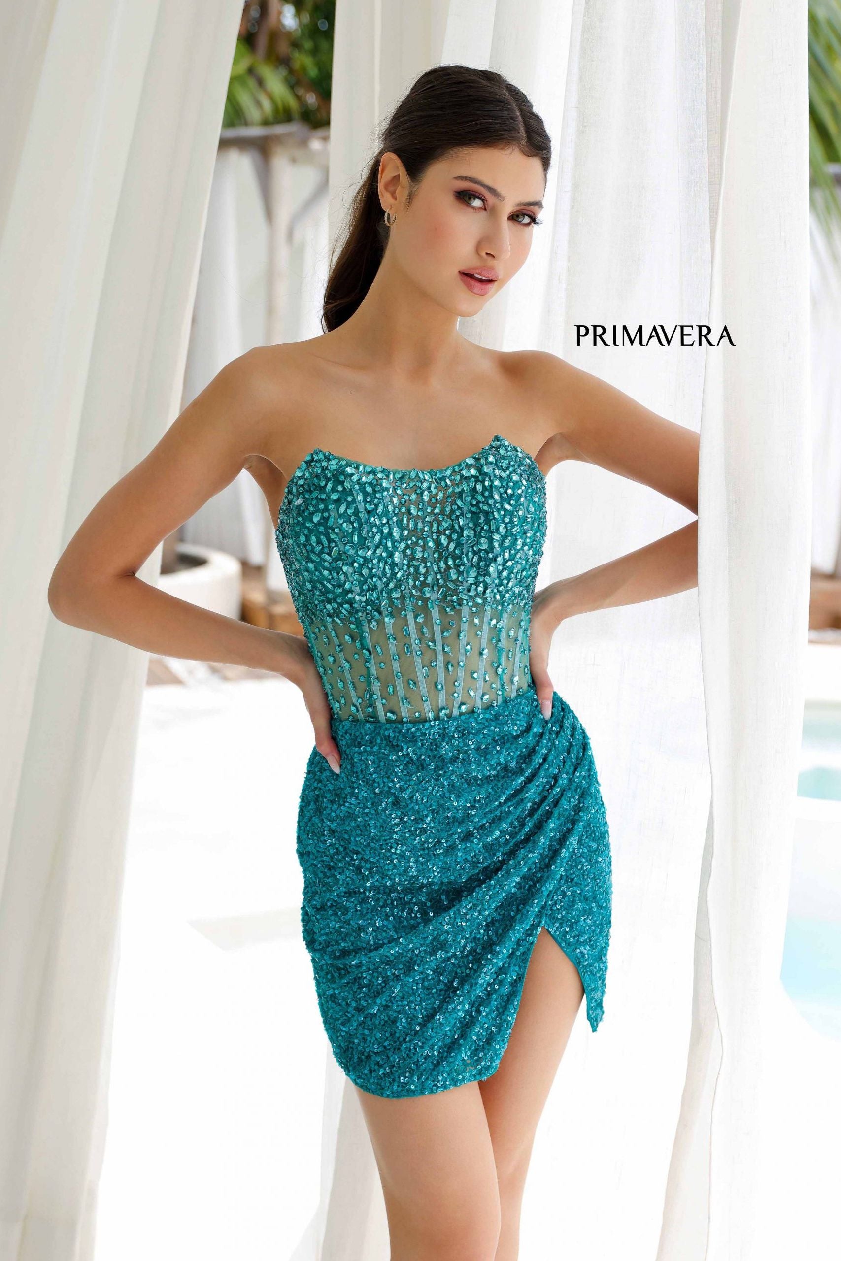 Primavera Couture -4231 Strapless Embroidered Short Cocktail Dress