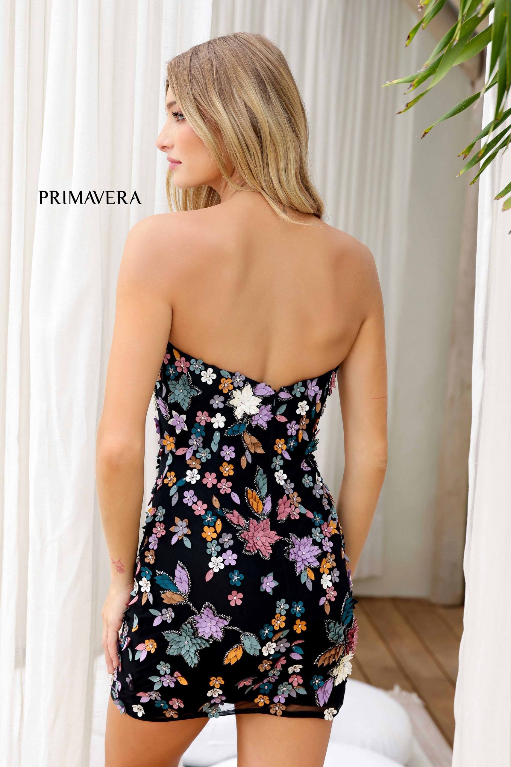 Primavera Couture -4235 Strapless Floral Embellished Short Cocktail Dress