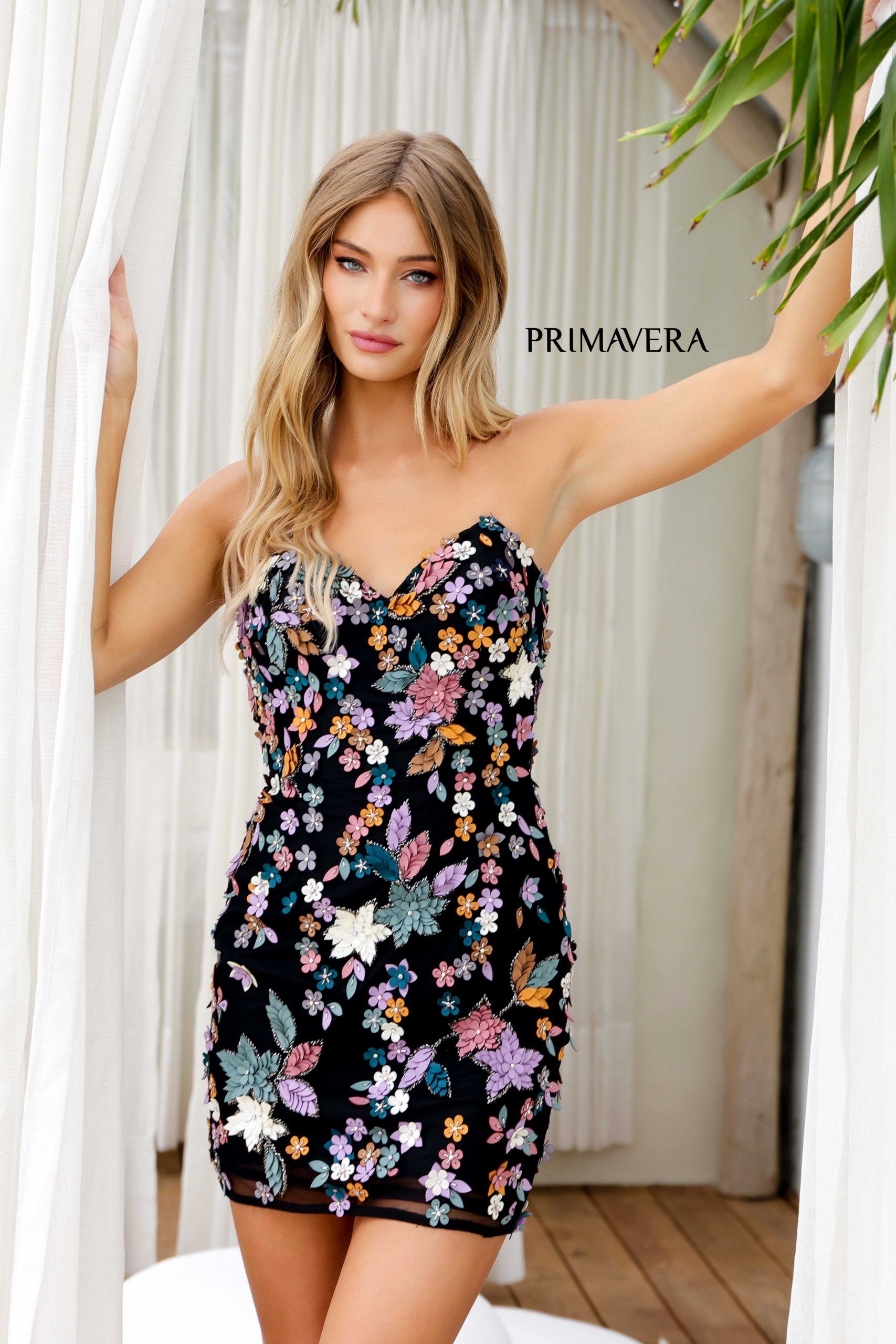 Primavera Couture -4235 Strapless Floral Embellished Short Cocktail Dress