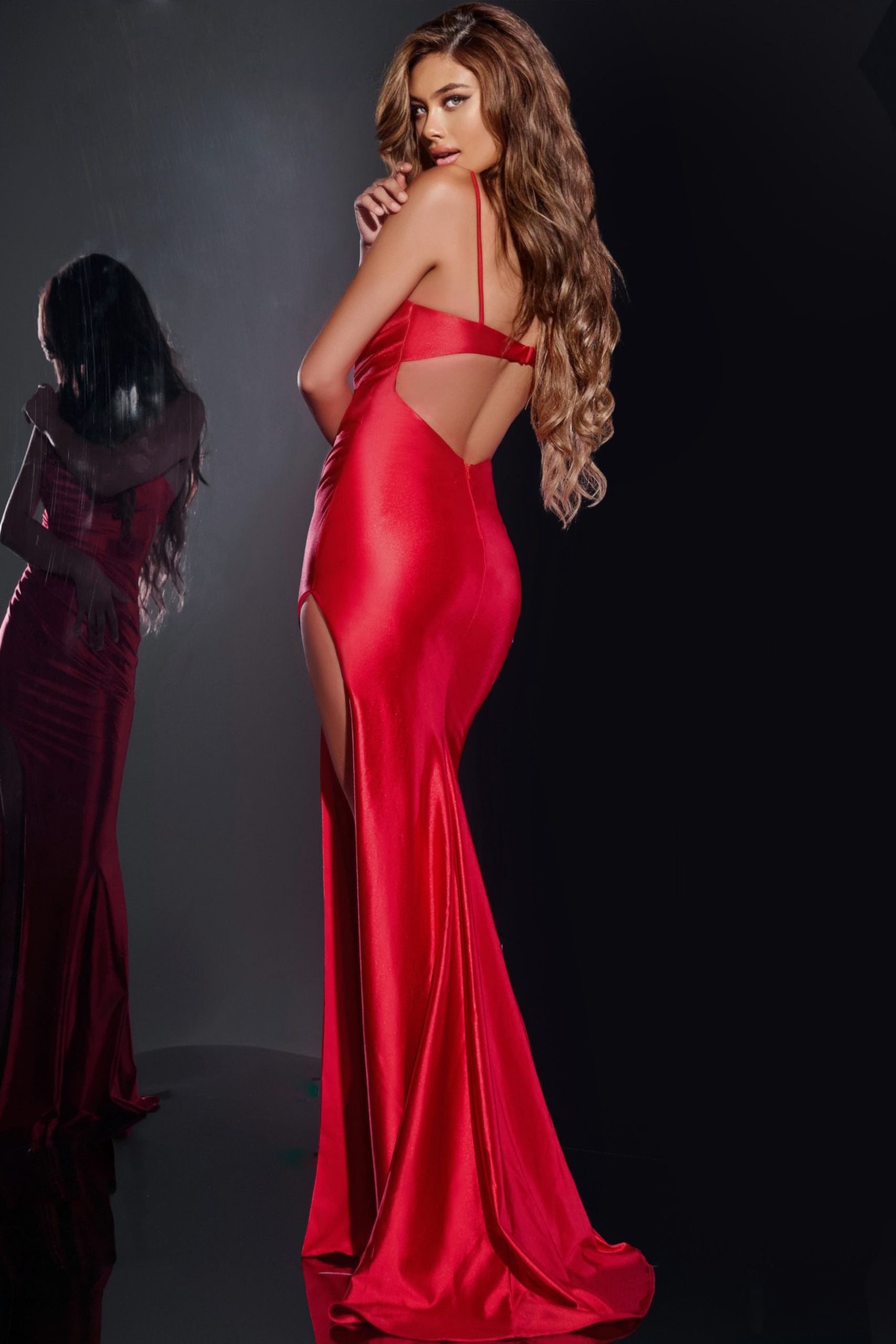 Jovani -42370 Strapless Satin Prom Gown with High Slit and Beaded Bust