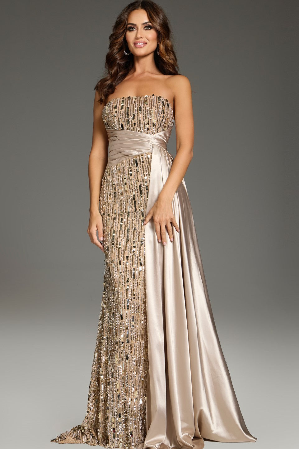 Jovani -42427-Beaded Strapless Evening Gown with Satin Sash Overlay