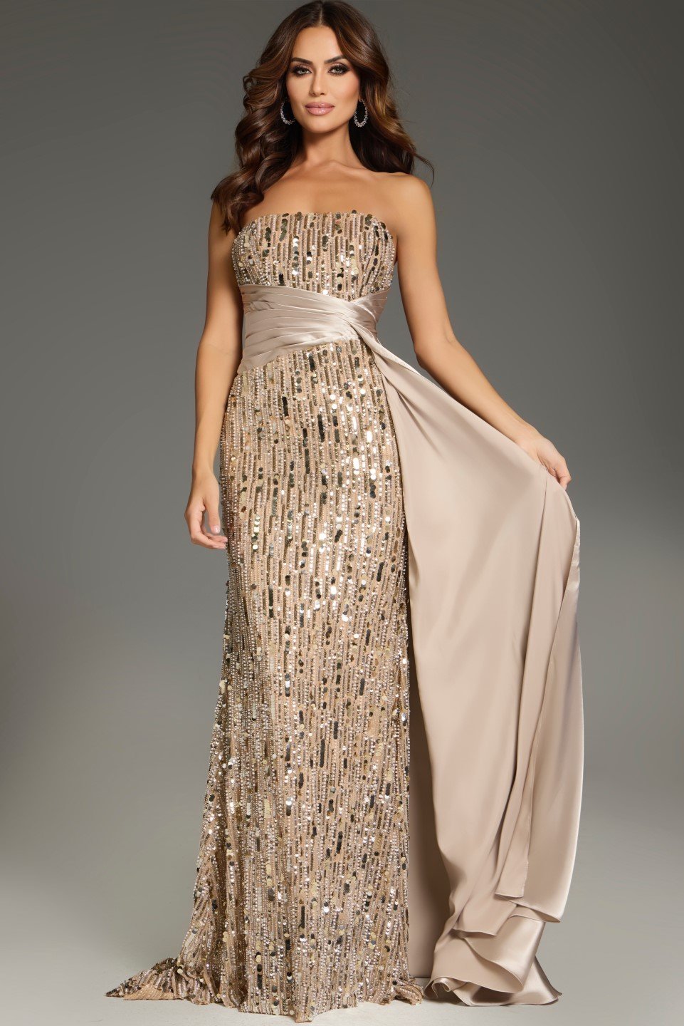 Jovani -42427-Beaded Strapless Evening Gown with Satin Sash Overlay