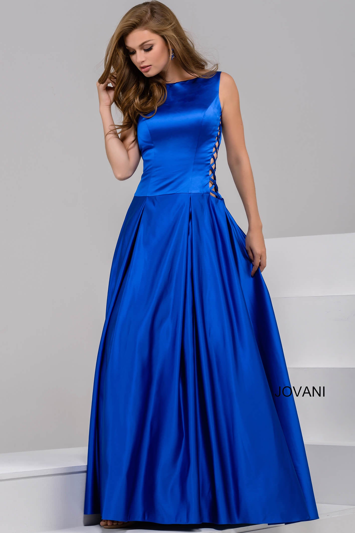 Jovani -42470 Boat Neck Satin A-Line Dress