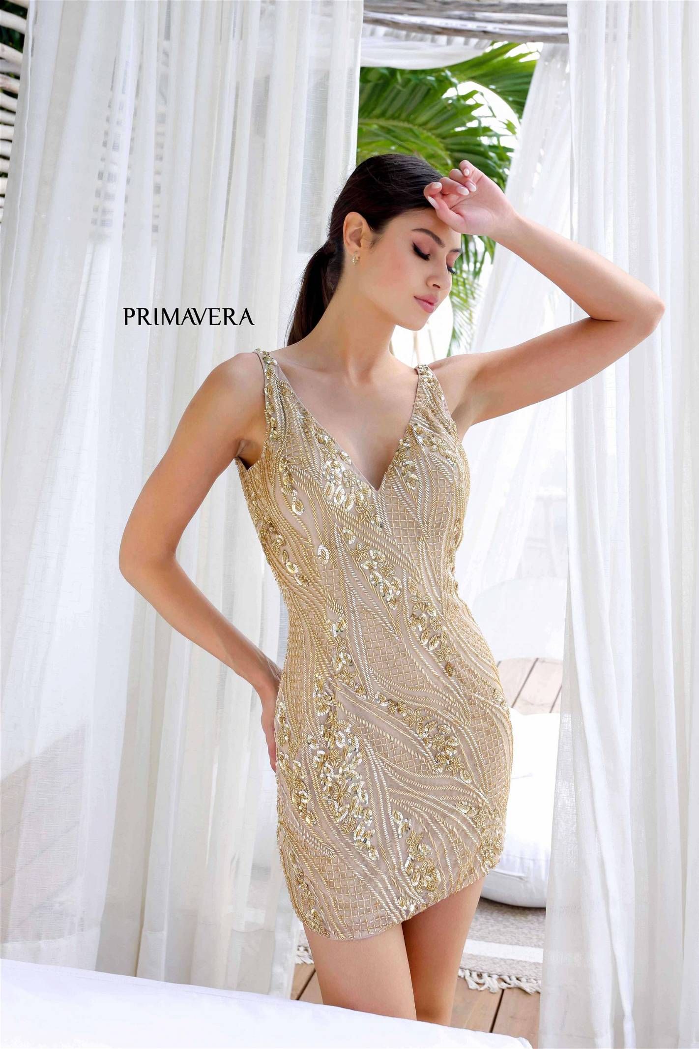 Primavera Couture -4249 V-Neck Sequin Short Cocktail Dress