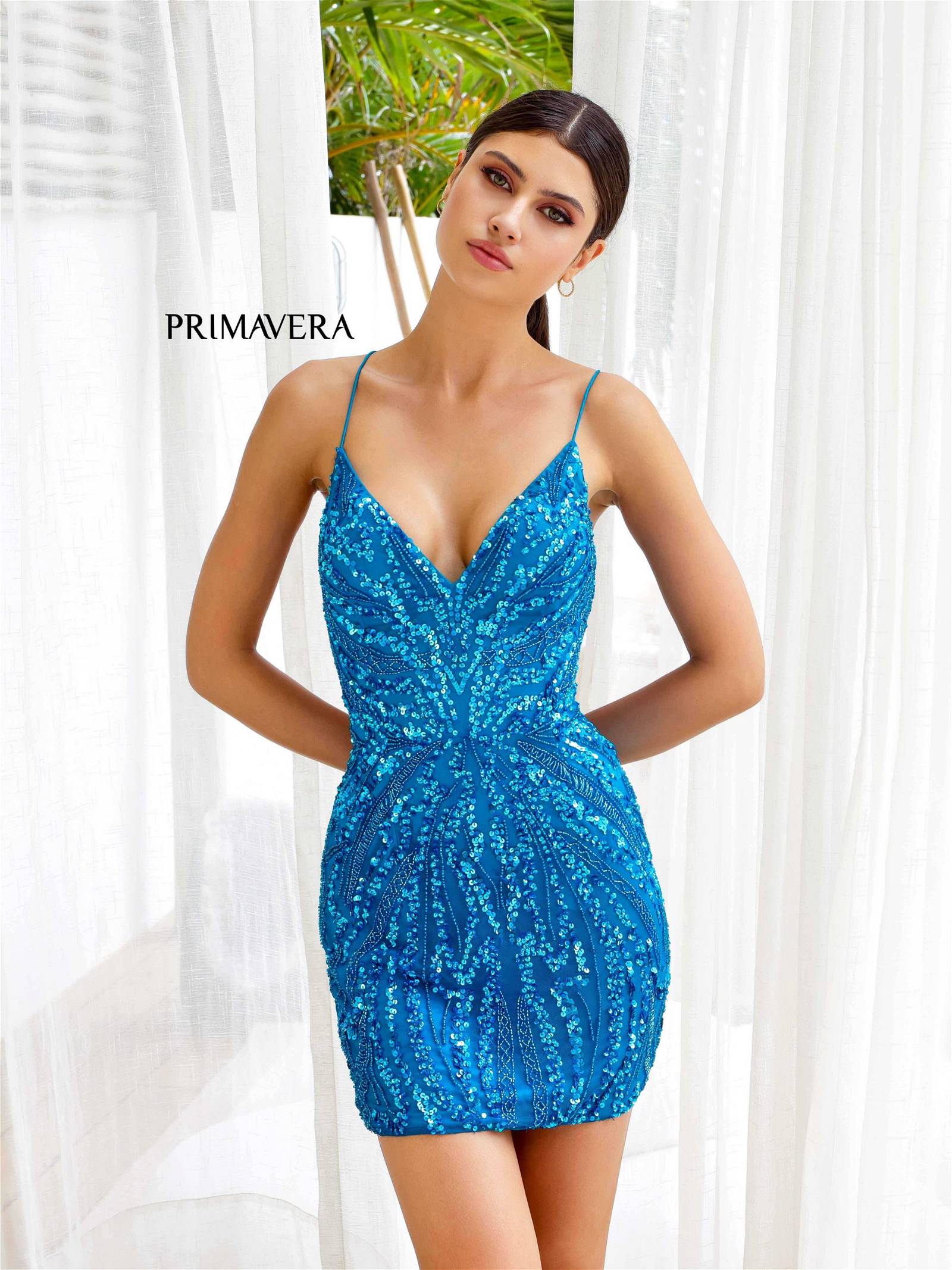 Primavera Couture -4250 V-Neck Sequin Short Cocktail Dress