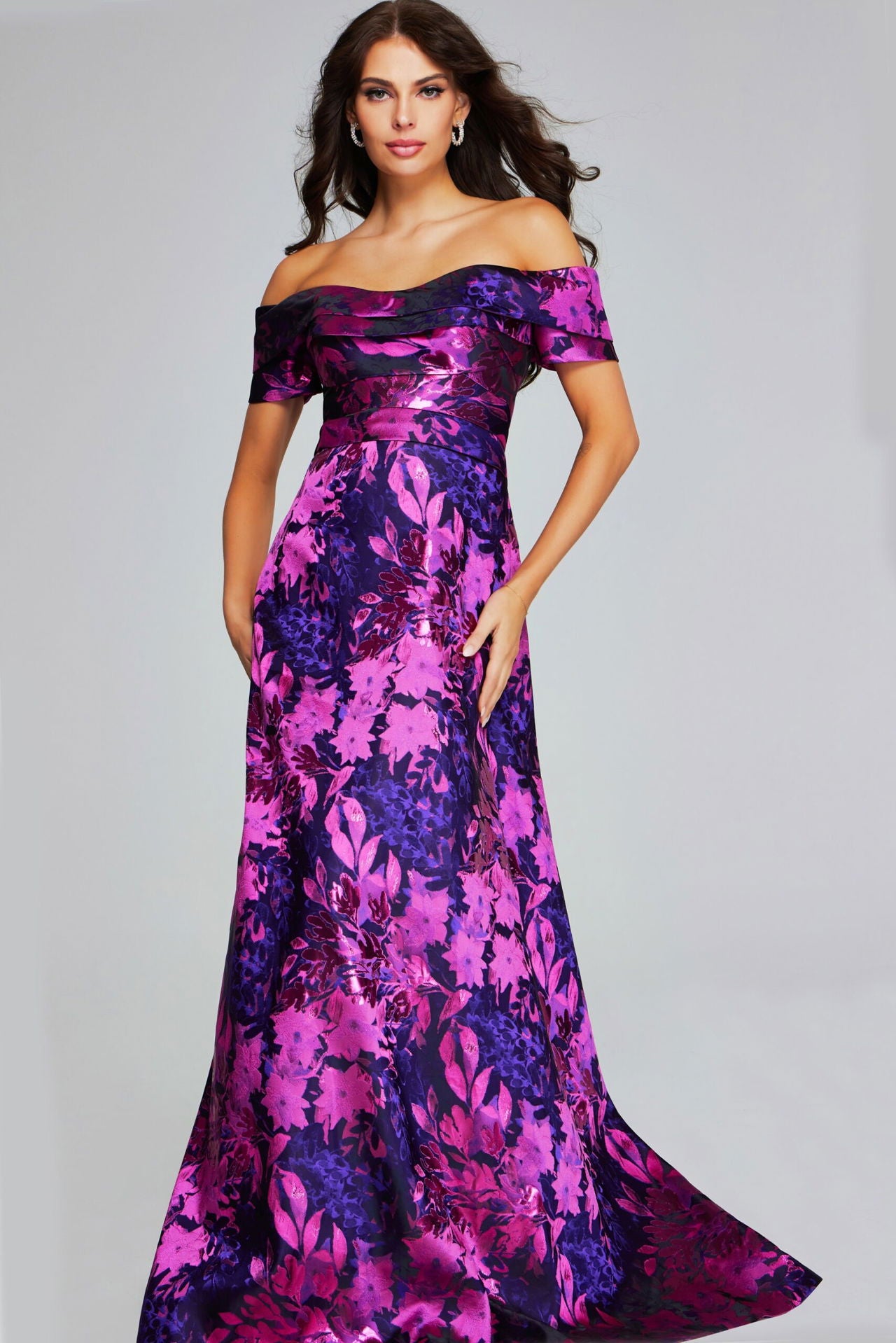 Jovani -42506 Floral Printed Off-Shoulder Gown