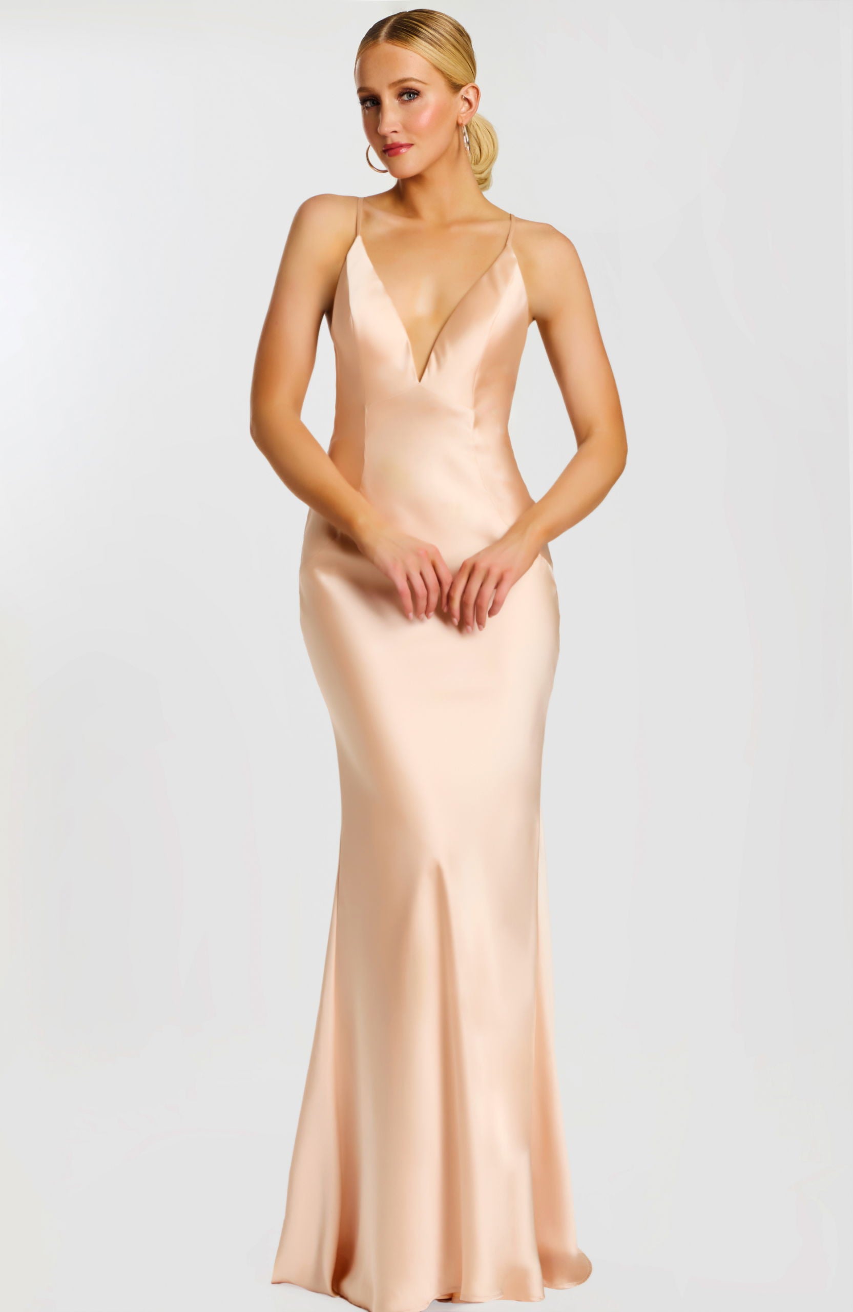 Jovani -42561 Fitted Deep V-Neck Satin Evening Gown