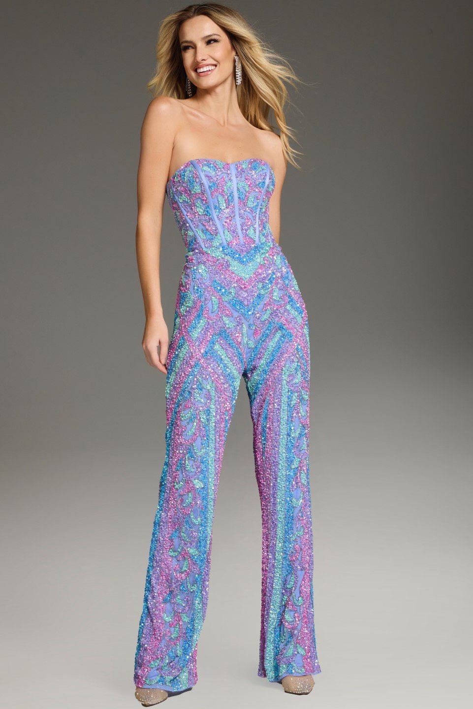 Jovani -42597 Strapless Sequin Jumpsuit with Tailored Bodice