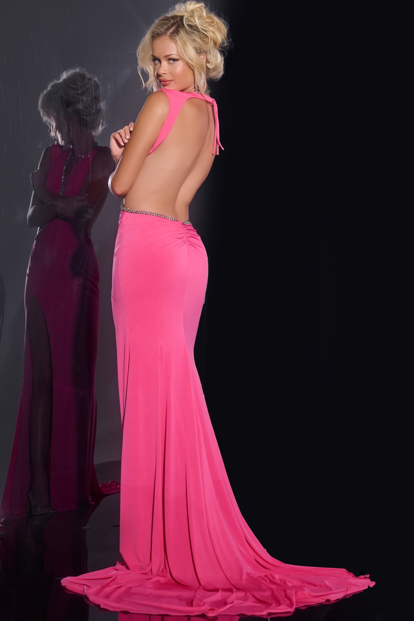 Jovani -42675 Hot Pink Backless Cut-Out Prom Gown