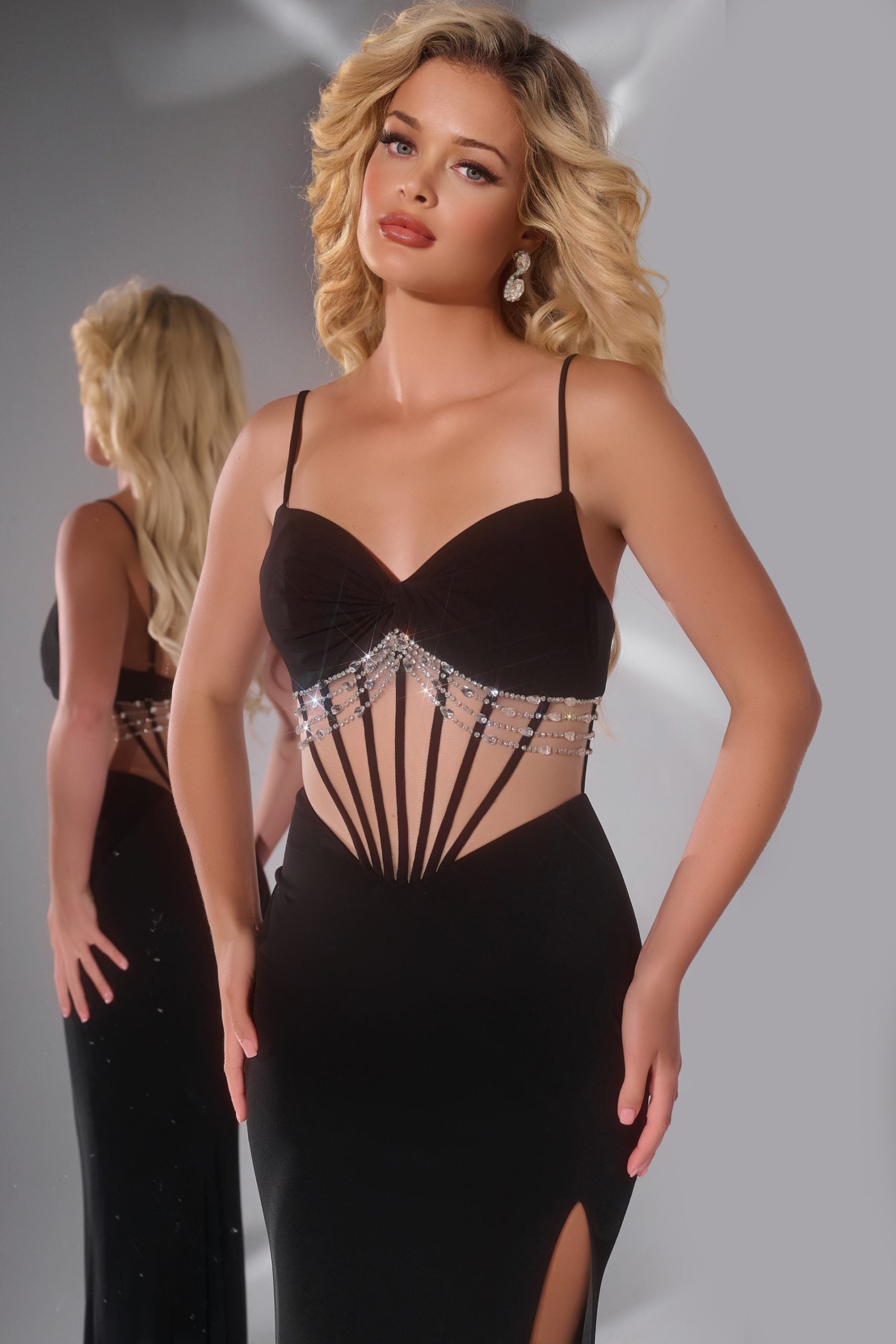 Jovani -42758 Embellished Black Prom Gown with Sheer Waist and Spaghetti Straps