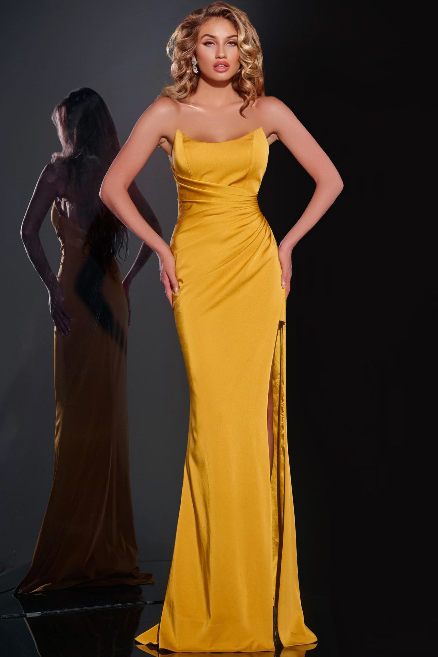 Jovani -42765 Strapless Mustard Prom Gown with High Slit