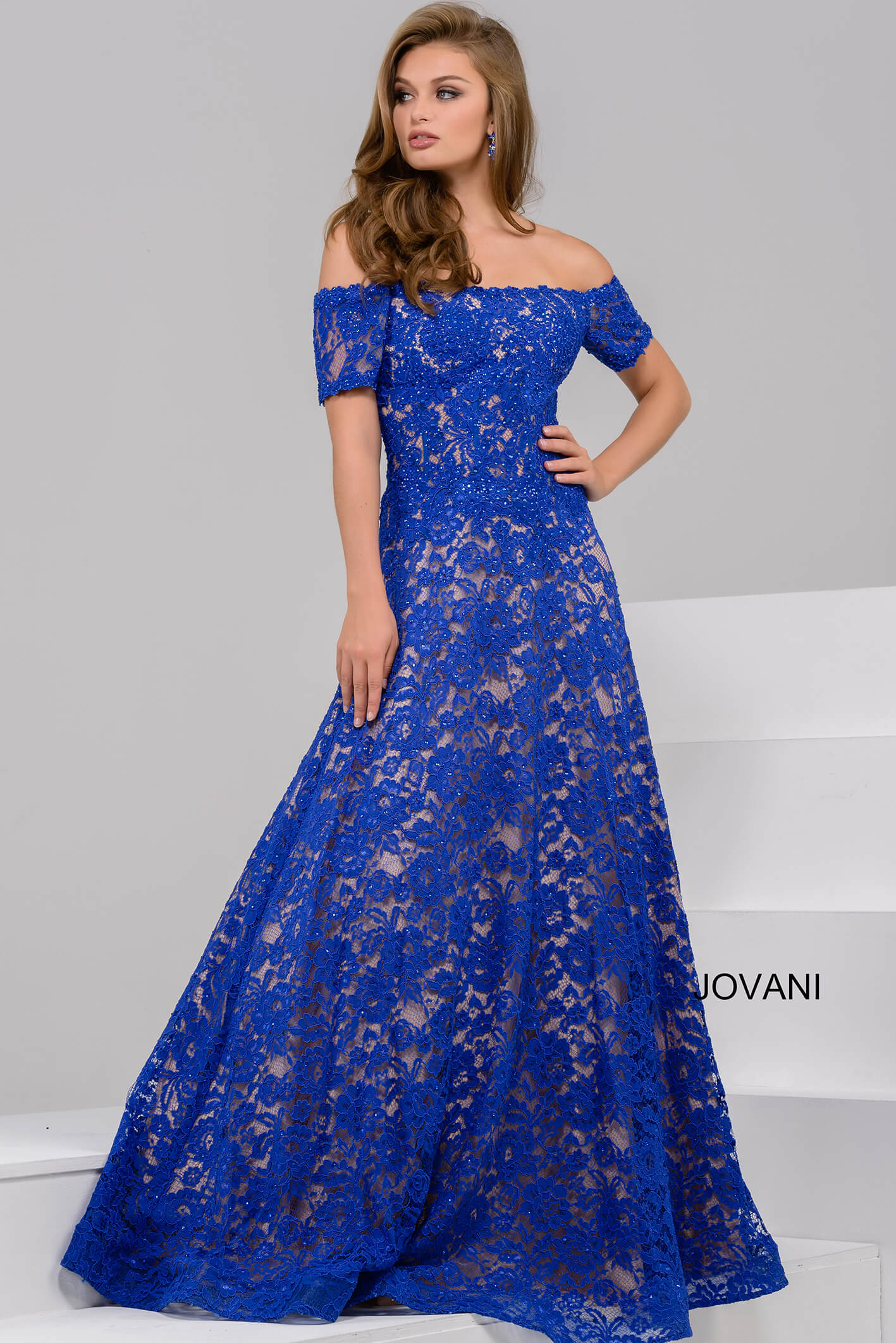 Jovani -42828 Lace Applique Off Shoulder Ball Gown