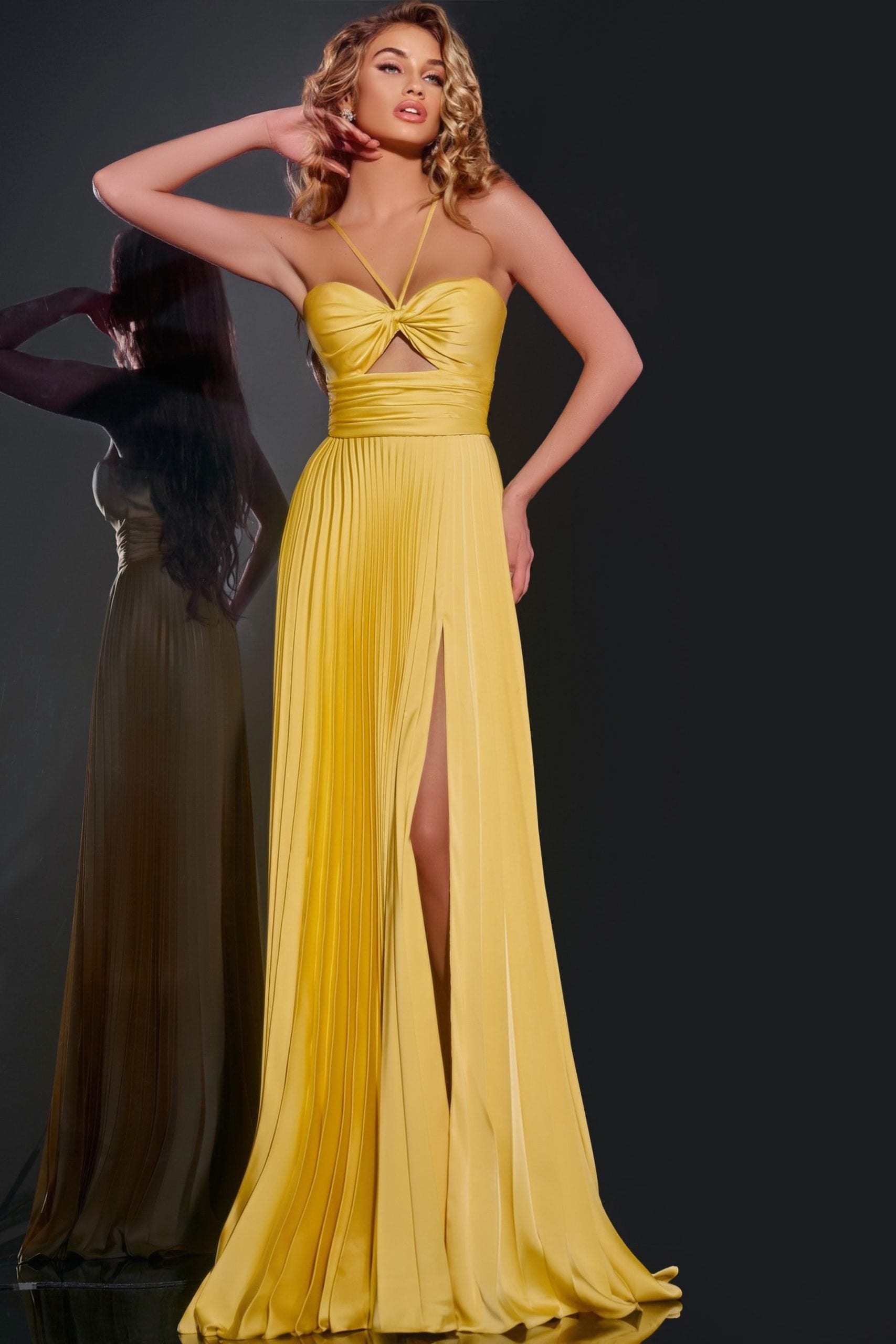 Jovani -42971 Pleated Prom Gown with Knot Bodice and High Slit