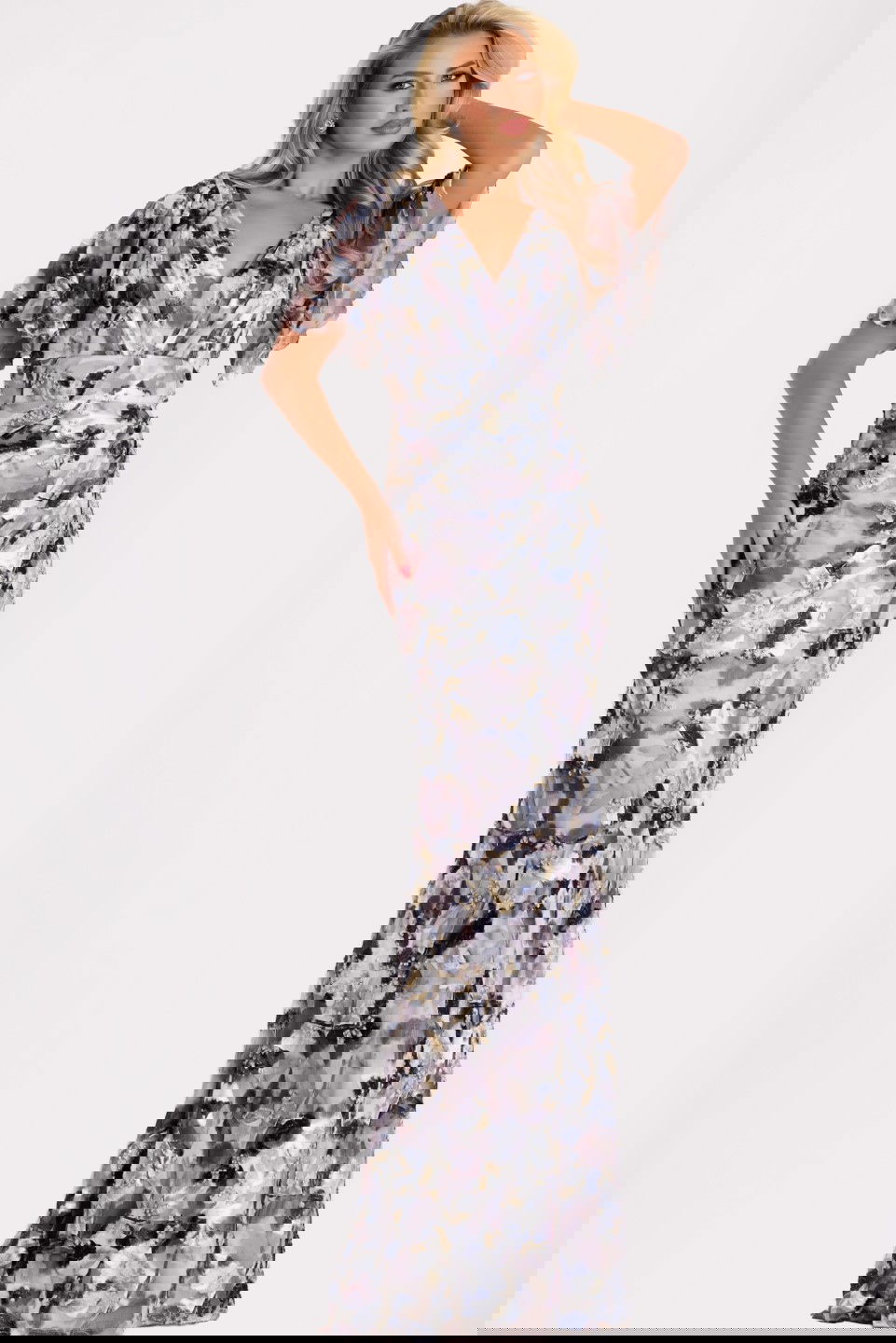 Jovani -43046 Printed Chiffon Flutter Sleeve A-Line Gown