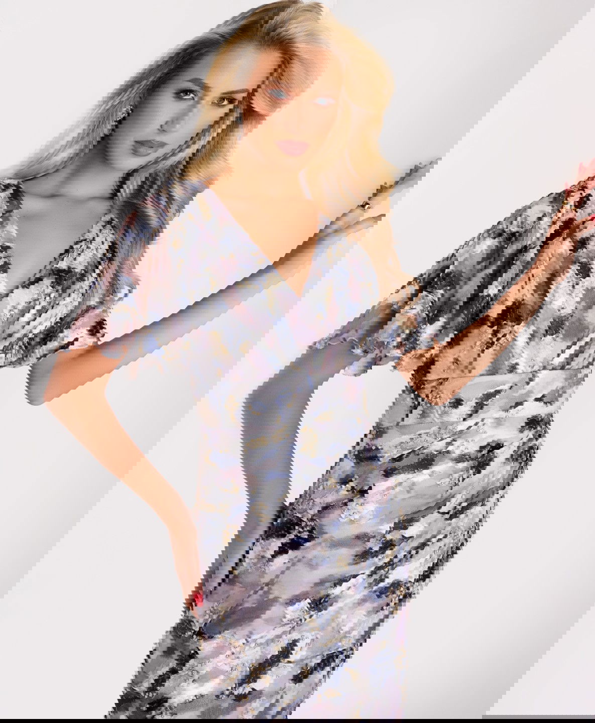 Jovani -43046 Printed Chiffon Flutter Sleeve A-Line Gown