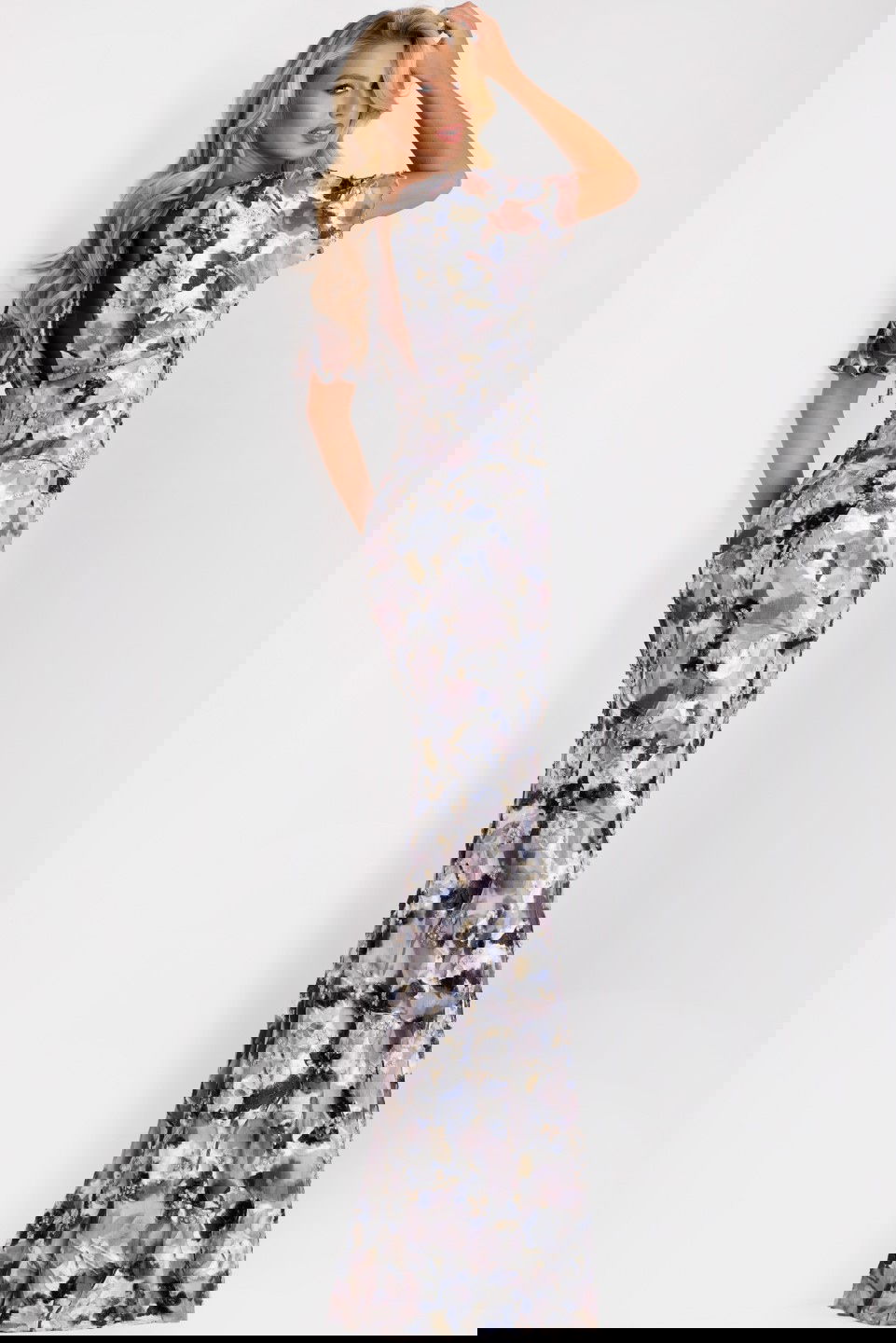 Jovani -43046 Printed Chiffon Flutter Sleeve A-Line Gown