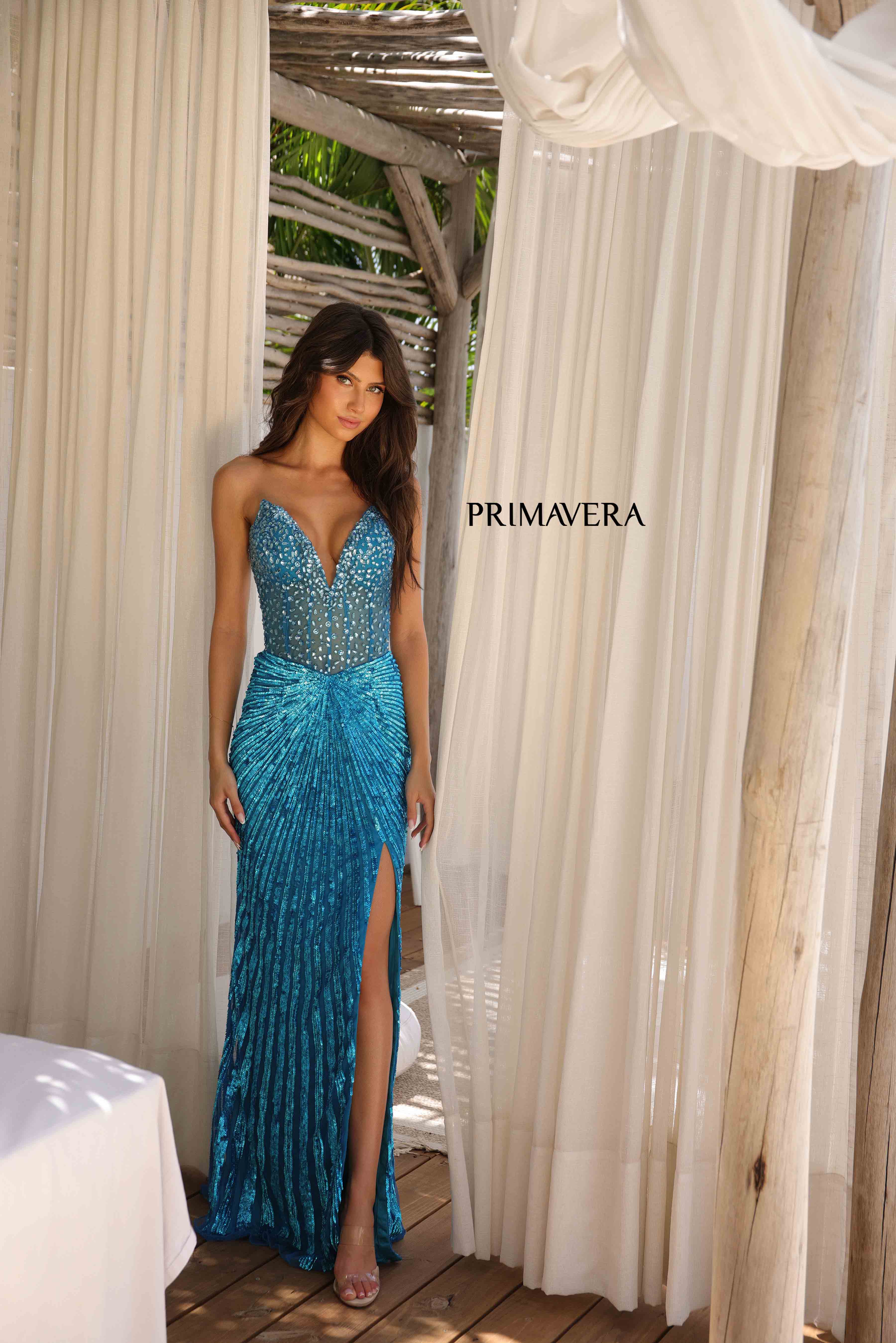 Primavera Couture -4304 Strapless Sheer Corset Bodice Prom Gown With High Leg Slit