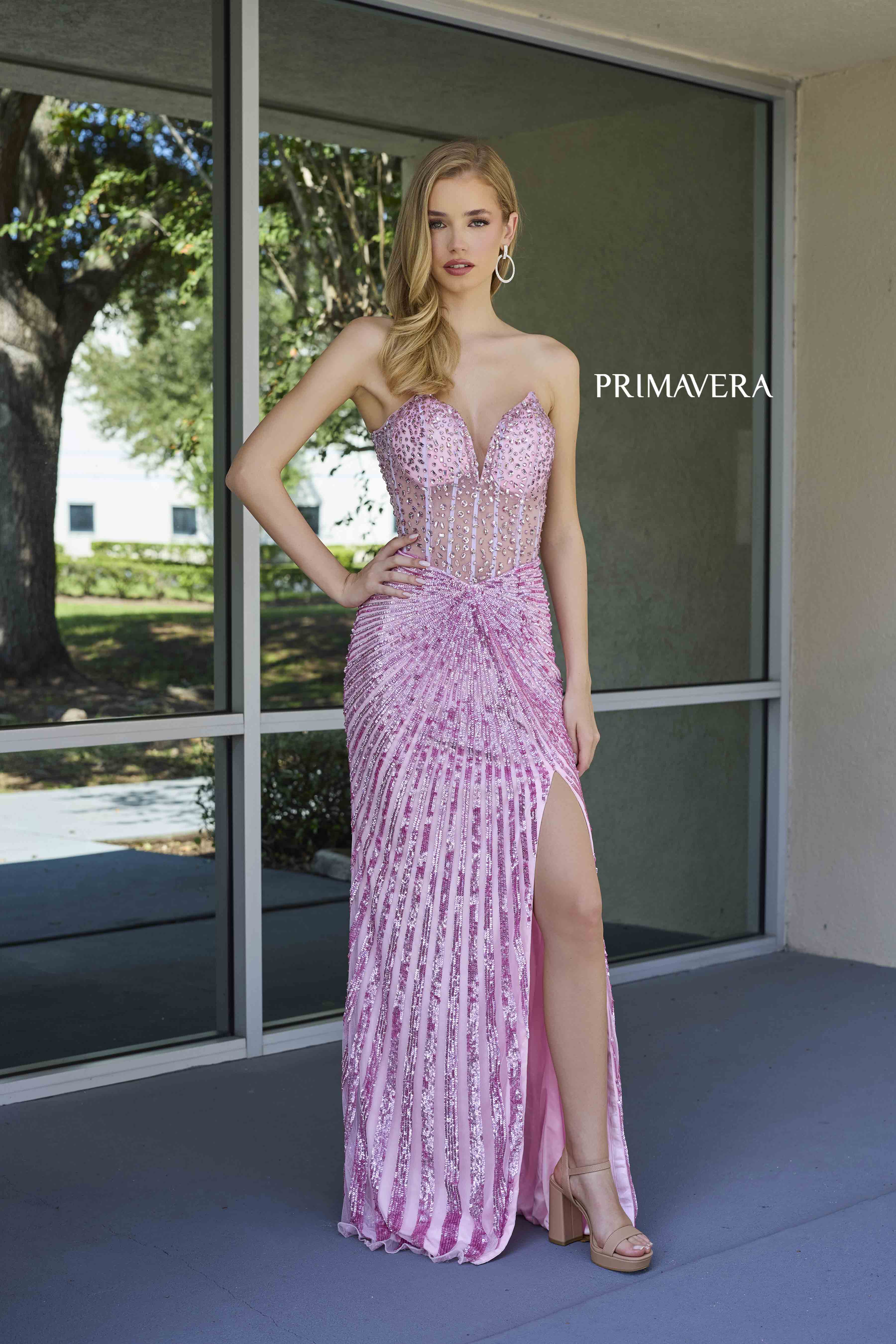 Primavera Couture -4304 Strapless Sheer Corset Bodice Prom Gown With High Leg Slit